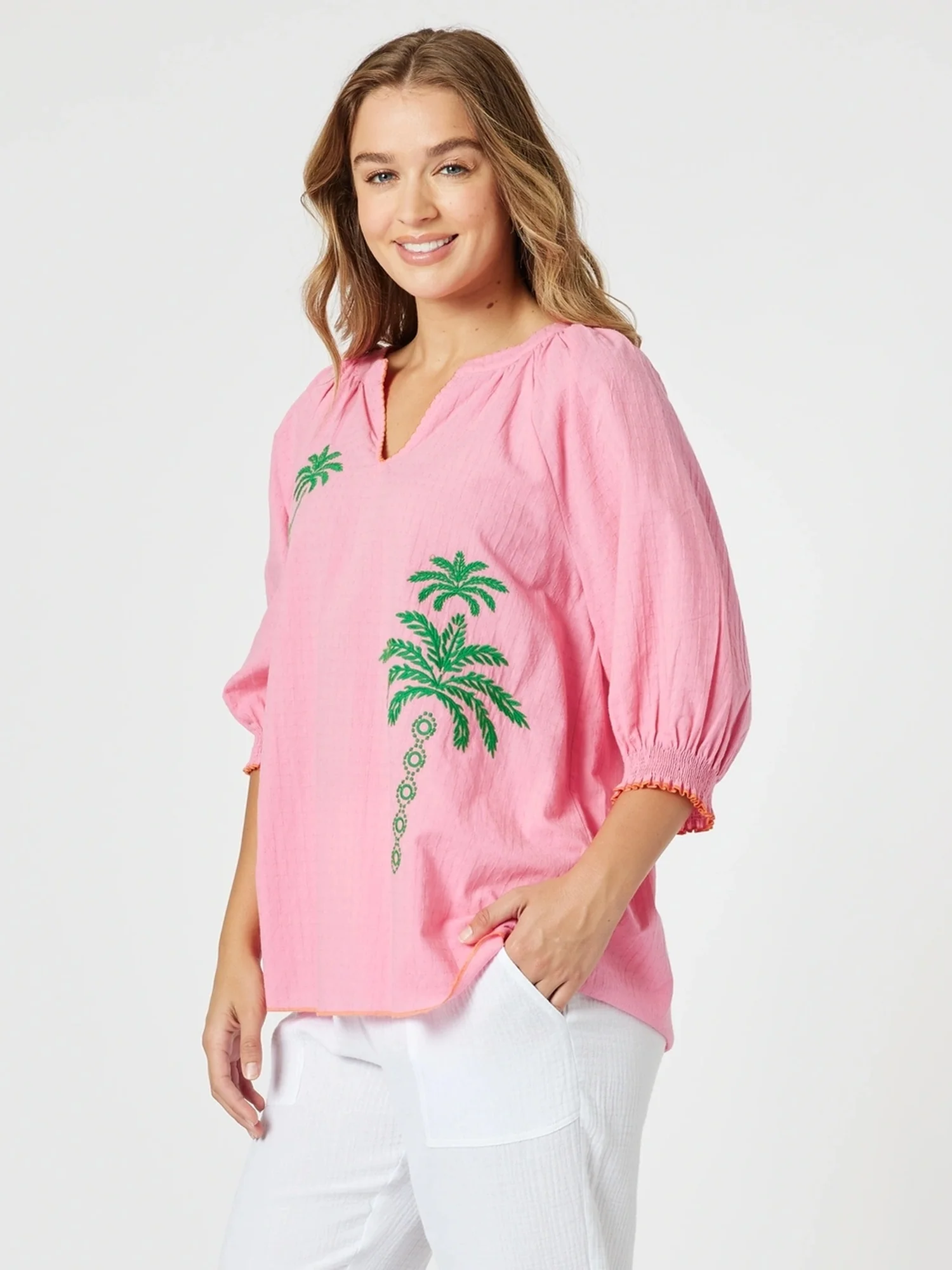 Pina Colada Embroidered Top - Pink Green