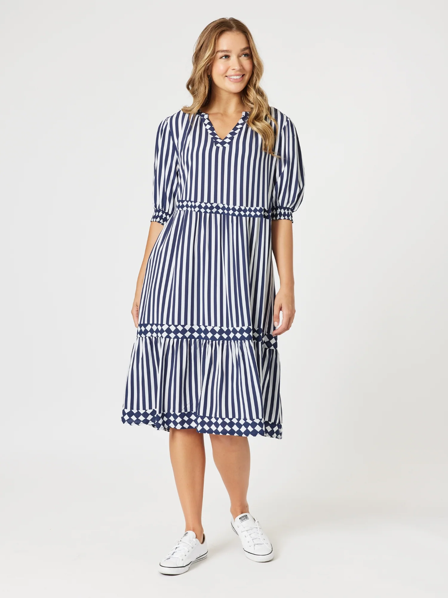 Harlequin Stripe Tier Dress - Navy/White