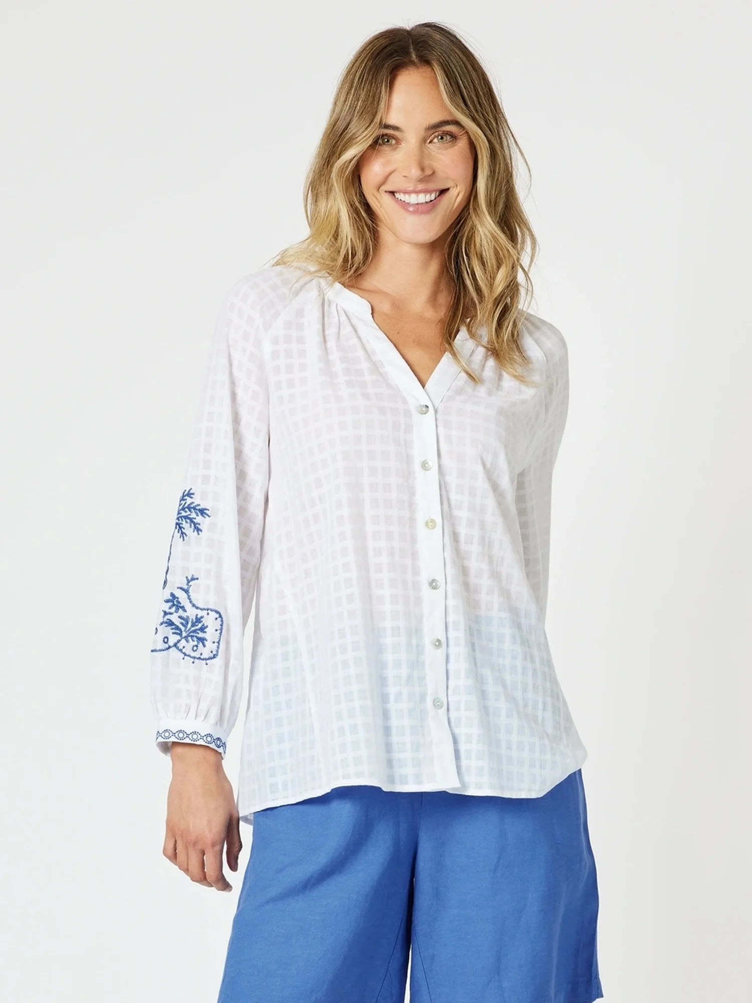 Mykonos Embroidered Sheer Blouse - White/Blue