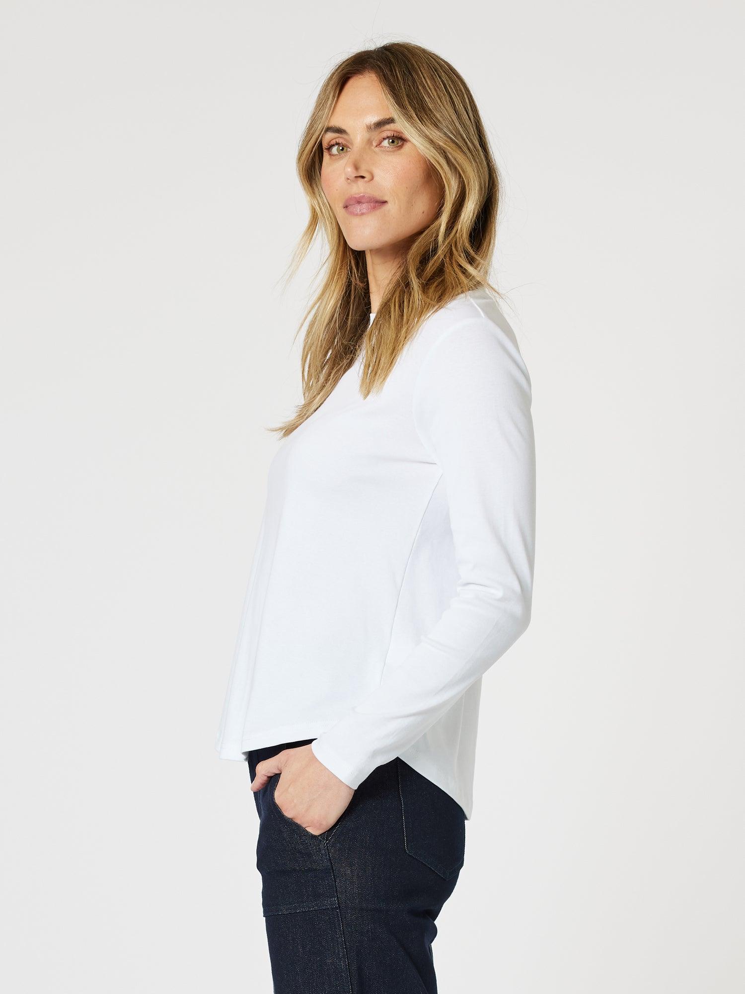 Crew Neck Cotton Rib Long Sleeve Top - White