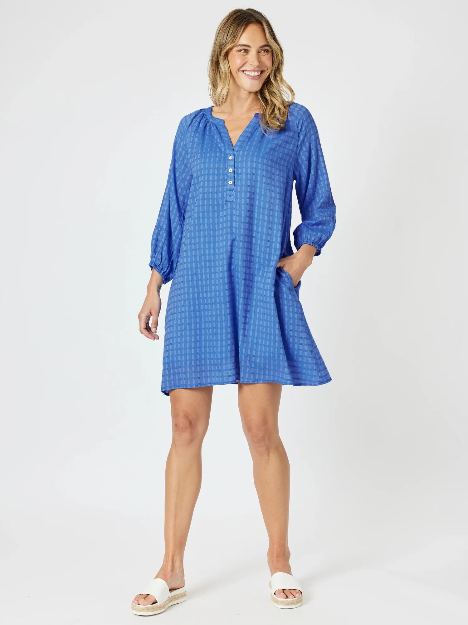 Mykonos Check Dress - Sardinia Blue