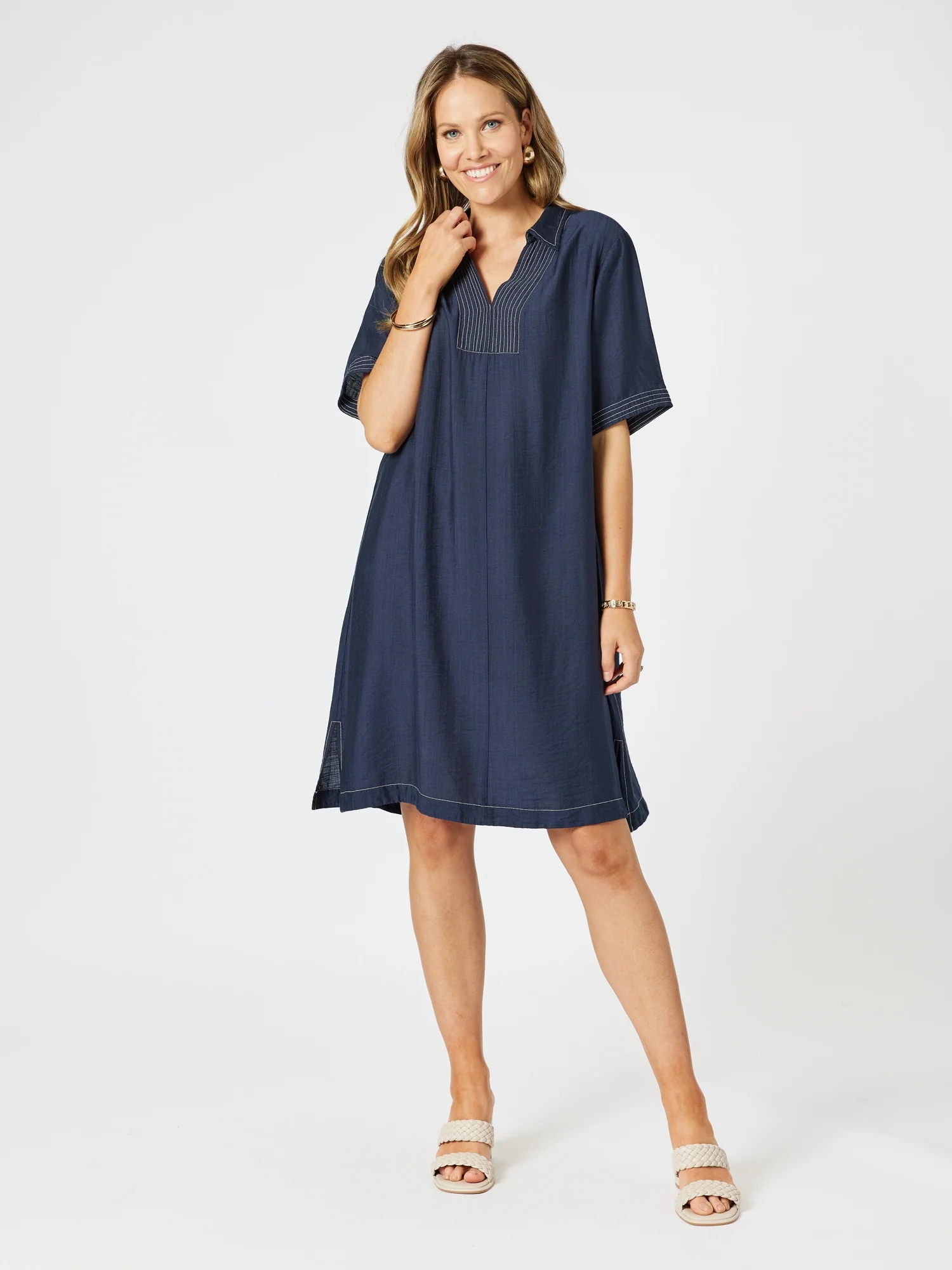 Top Stitch Detail Dress - Navy