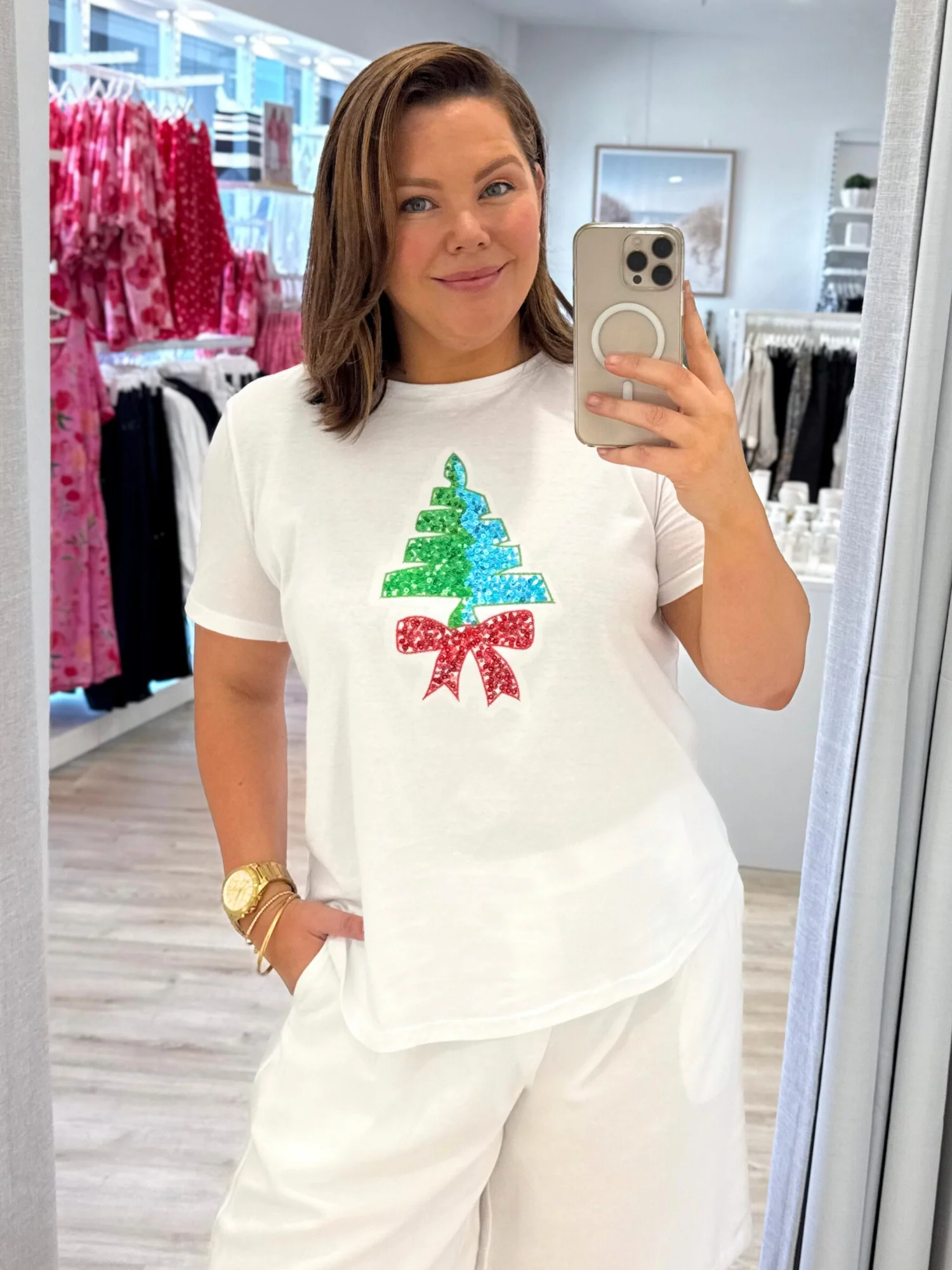 Sequin Xmas Tree Tee - White Multi