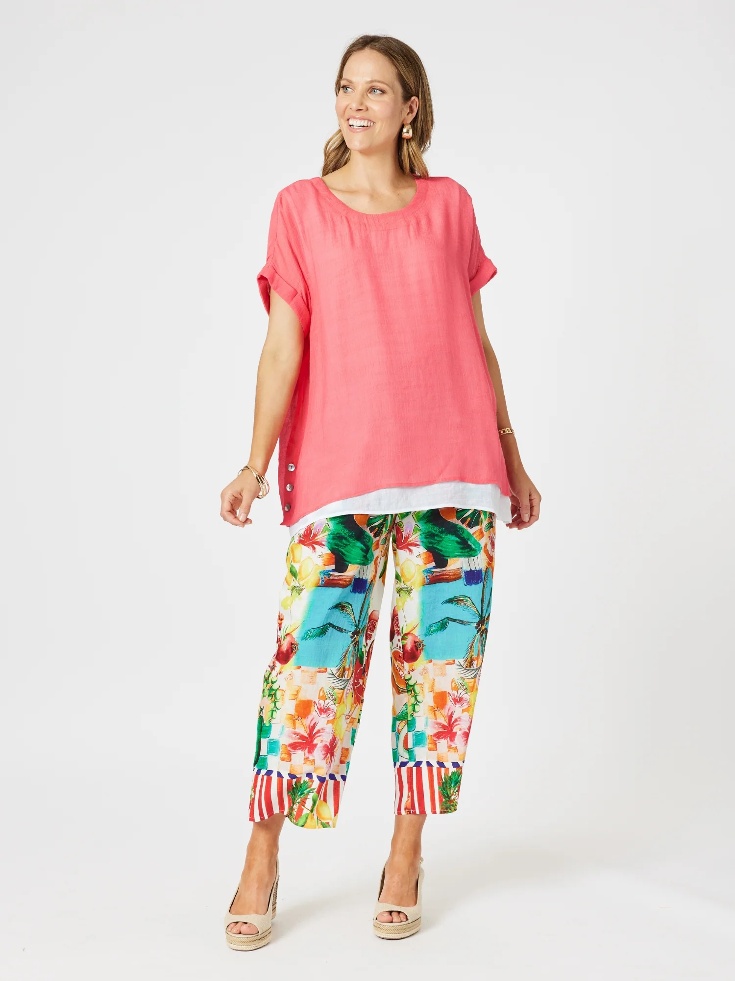 Palma Side Button 2 in 1 Look Top - Coral/White