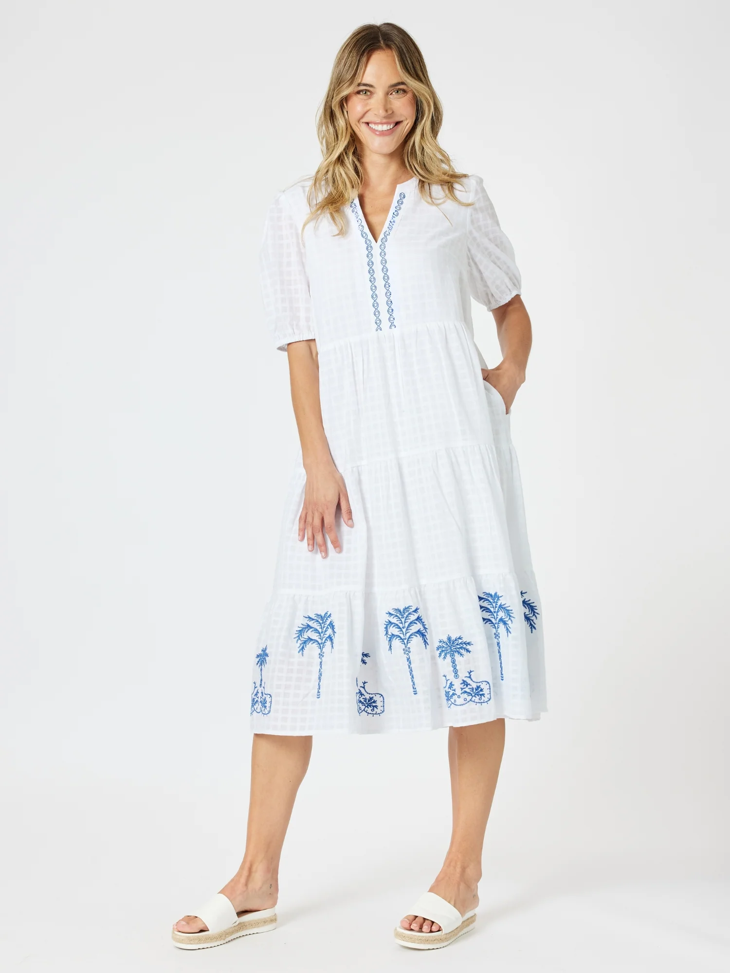 Mykonos Embroidered Dress - White/Blue