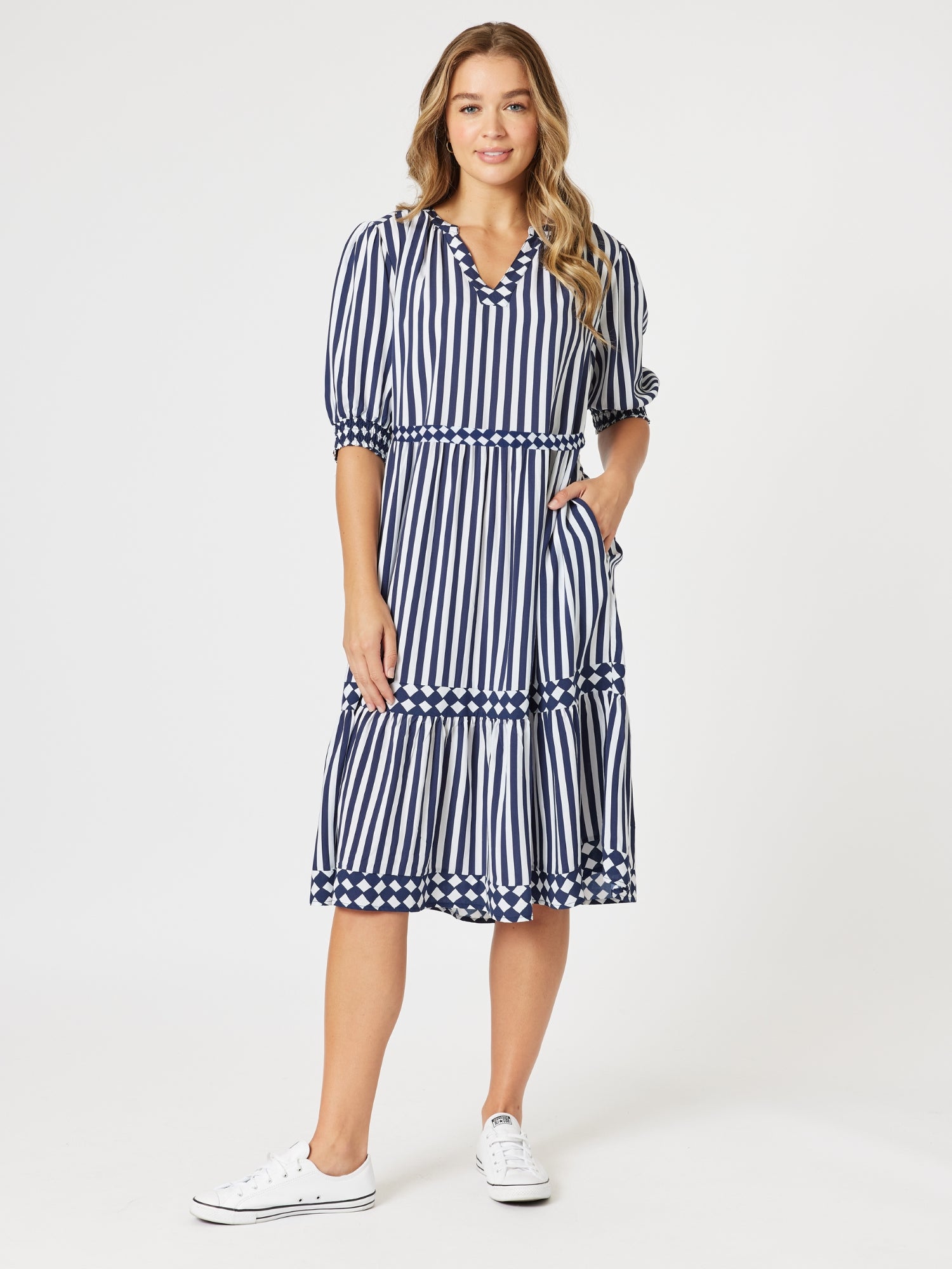 Harlequin Stripe Tier Dress - Navy/White