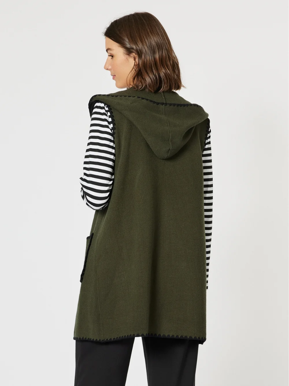 Cosy Contrast Stitch Hooded Vest - Khaki