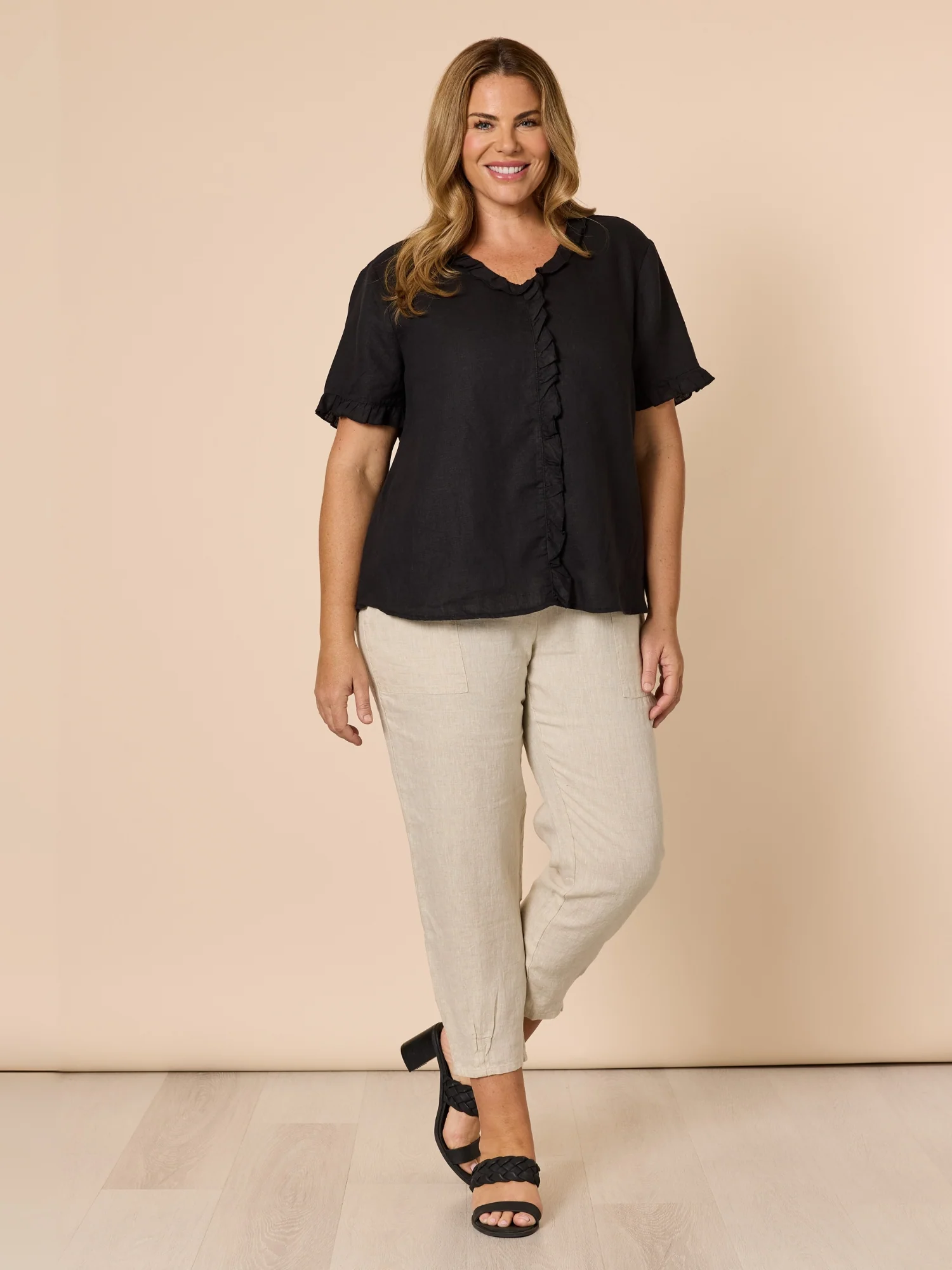 Tiffany Ruffle Linen Top - Black