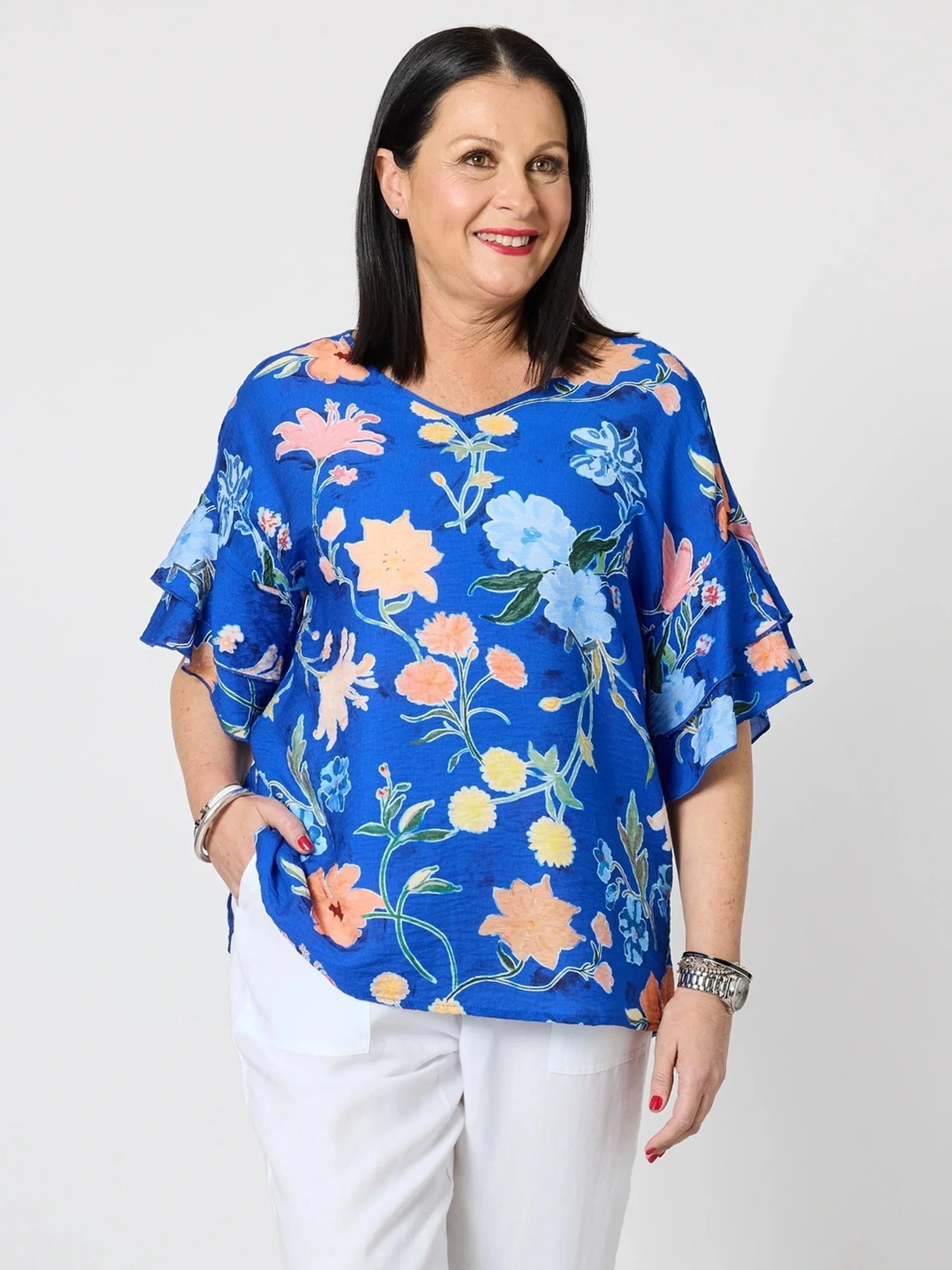 Summer Gala Floral Print Top - Cobalt