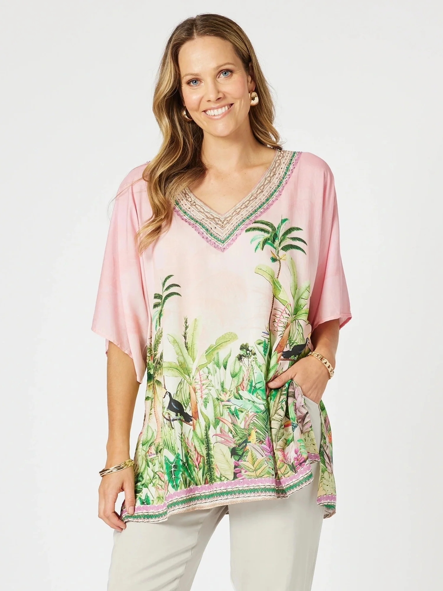 Toucan Print V Neck Top - Pink