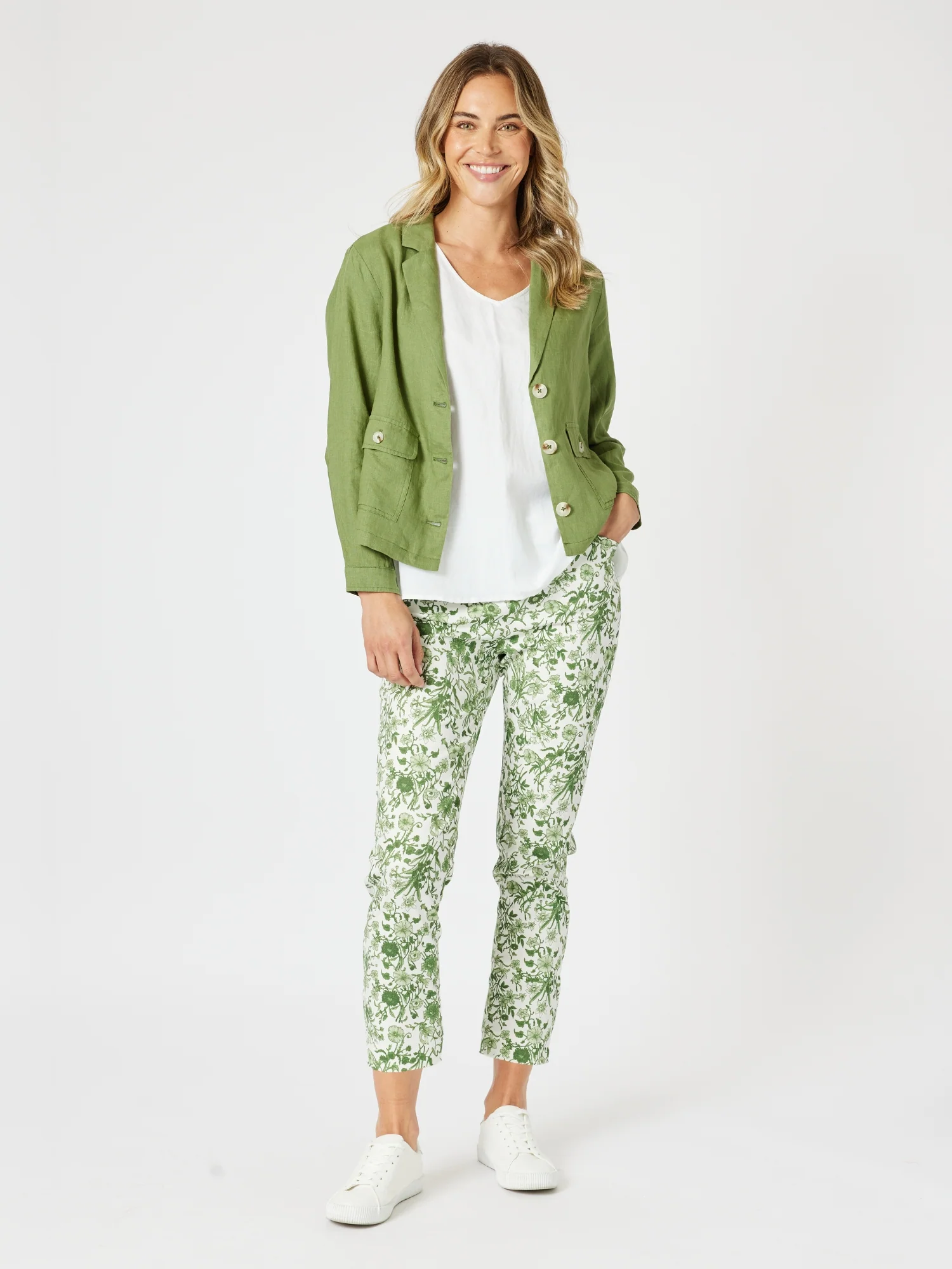Alexandria Floral Print Pant - Basil White