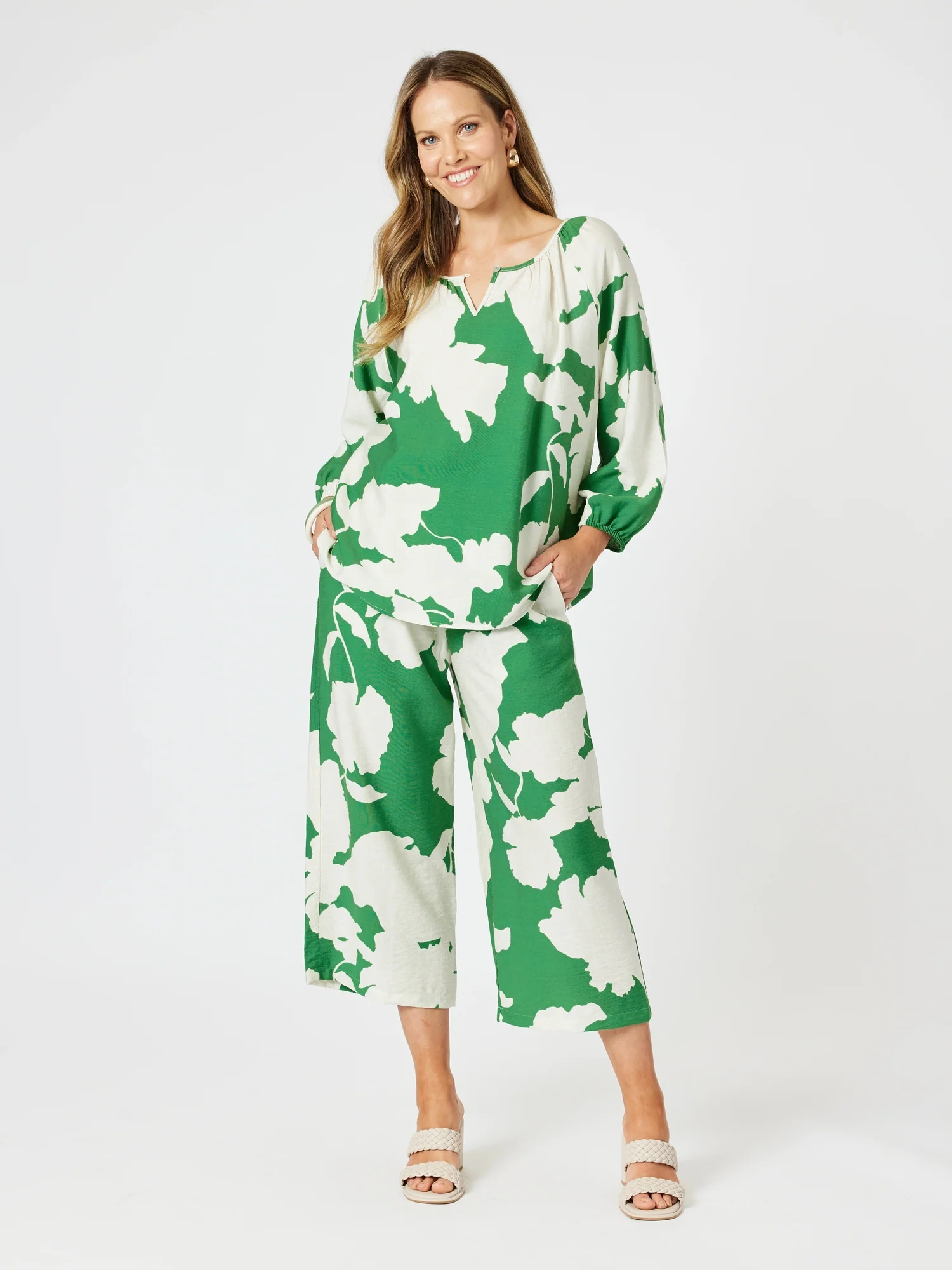 Barcelona Floral Print Wide Leg Pant - Elm Natural