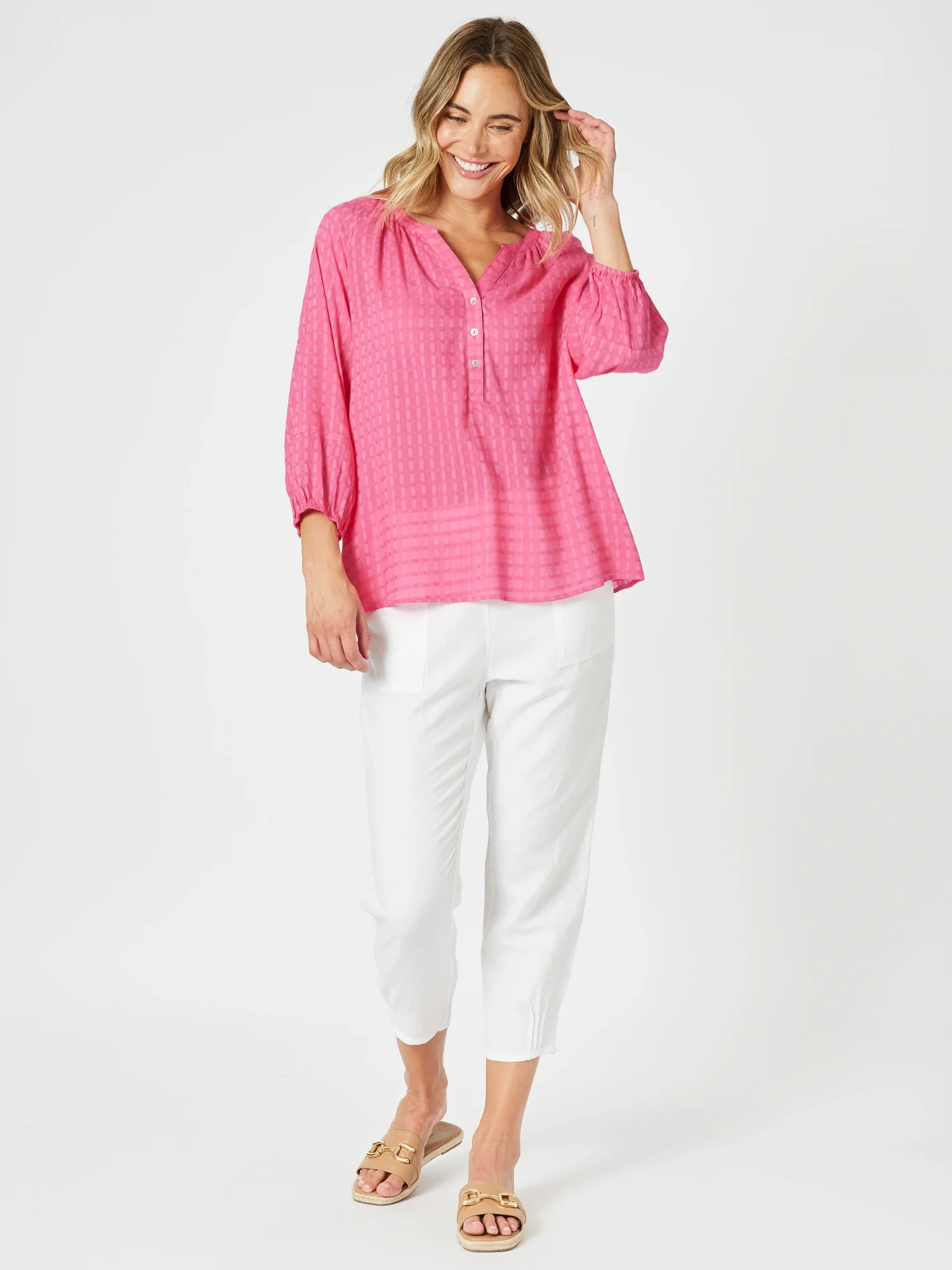 Mykonos Check Blouse - Peony