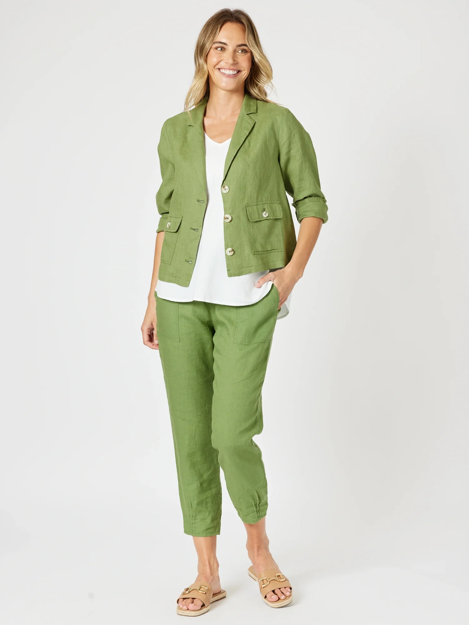 Danielle Linen Cropped Blazer - Basil