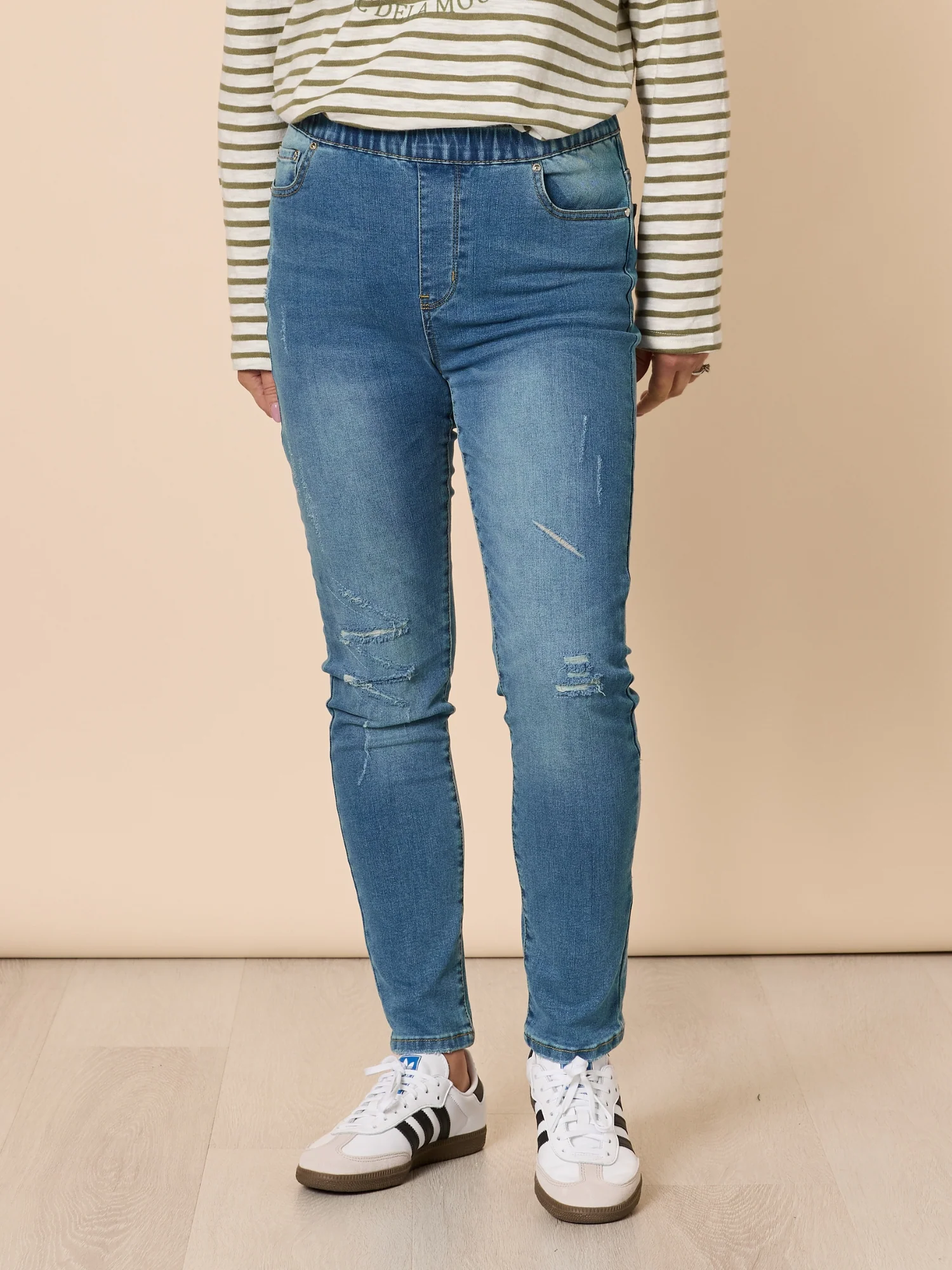 LA Distressed Pull On Stretch Denim Jean - Denim