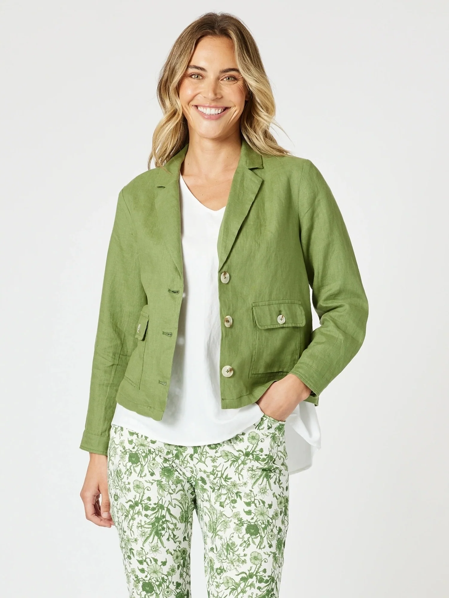 Danielle Linen Cropped Blazer - Basil