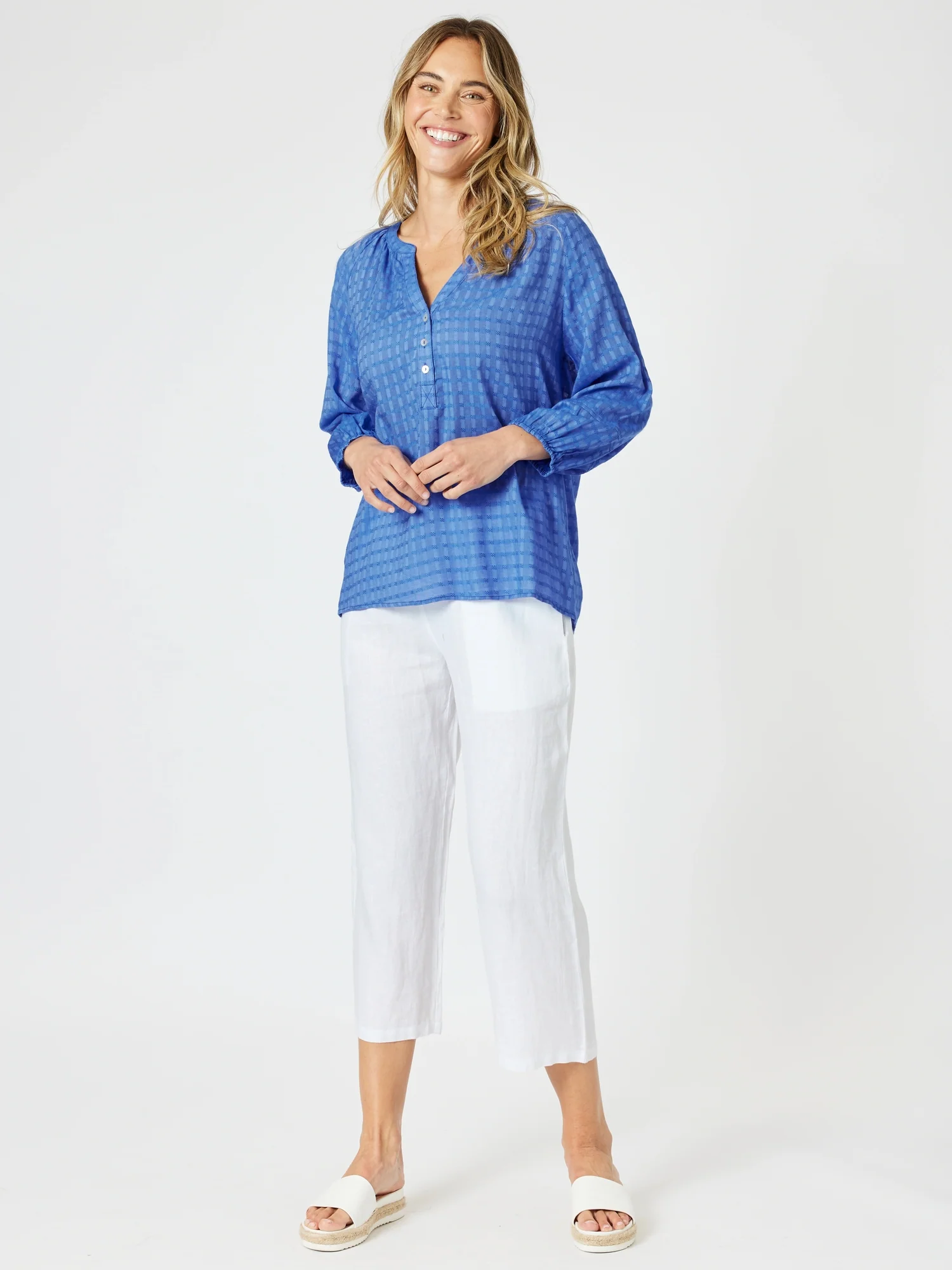 Mykonos Check Blouse - Sardinia Blue