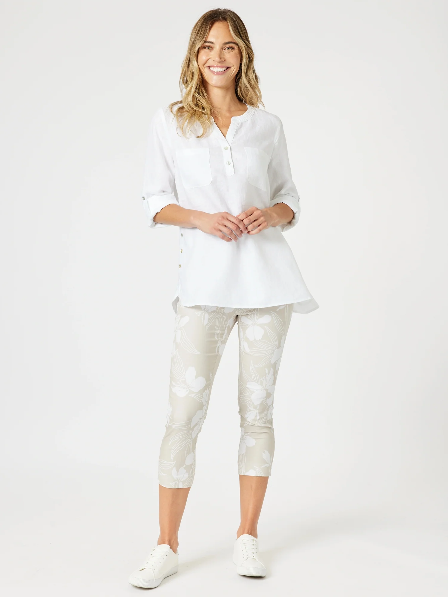 Ava Button Detail Linen Top - White
