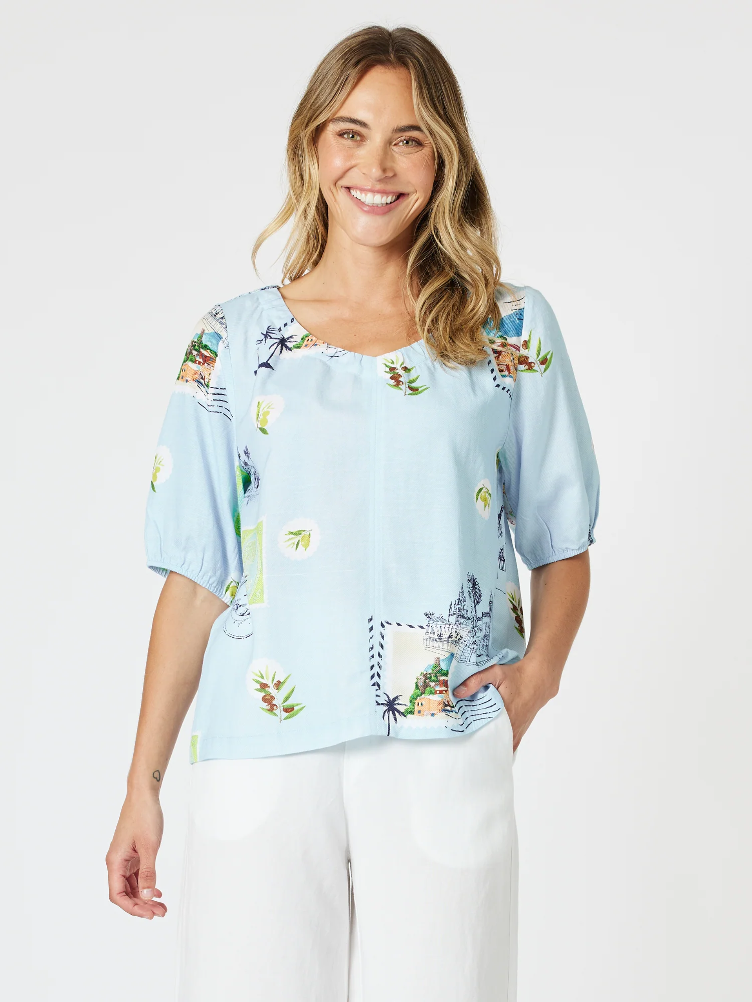 Destination Print Top - Pale Blue