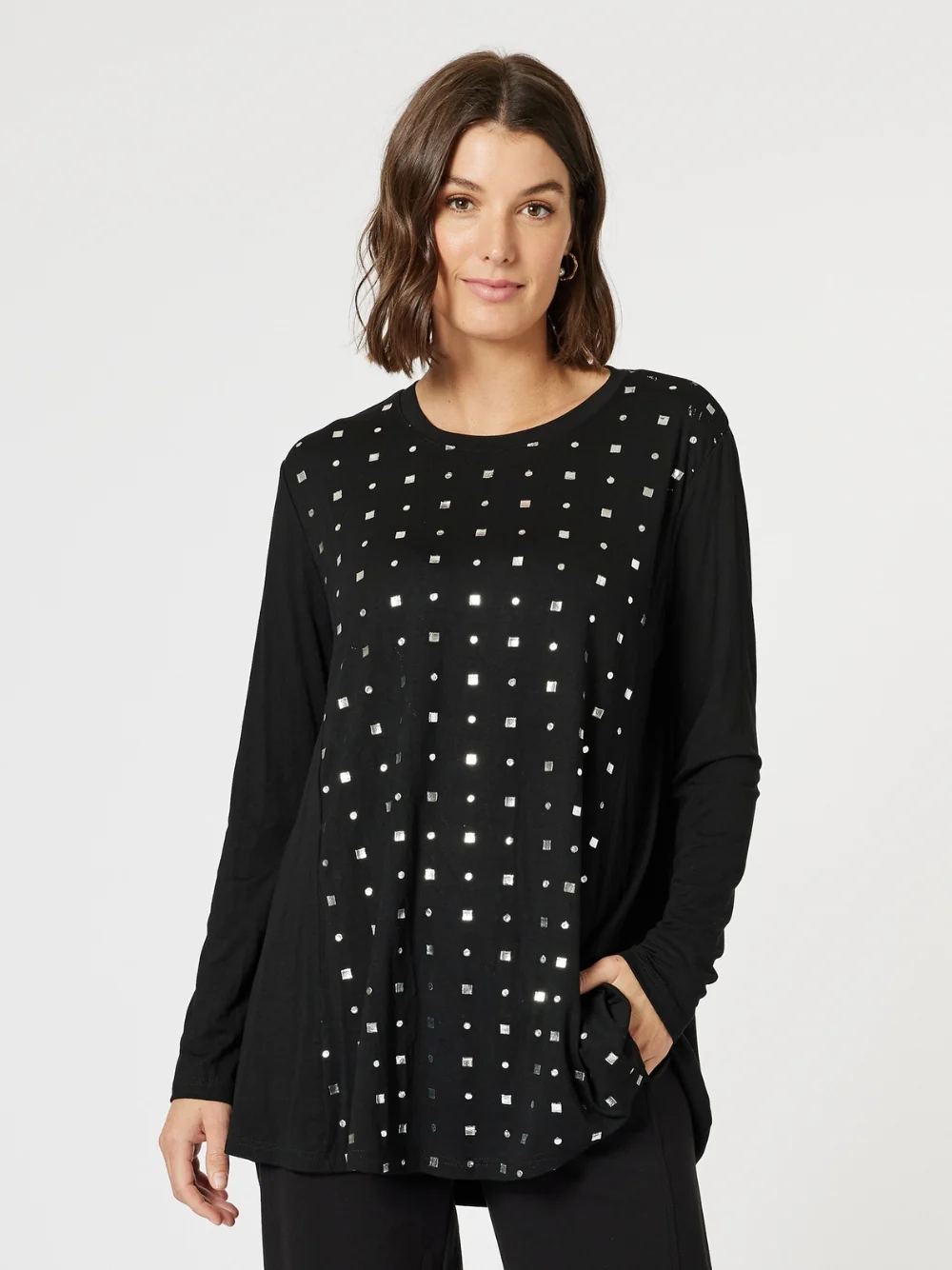 Metallic Print Long Sleeve Tee - Black/Silver