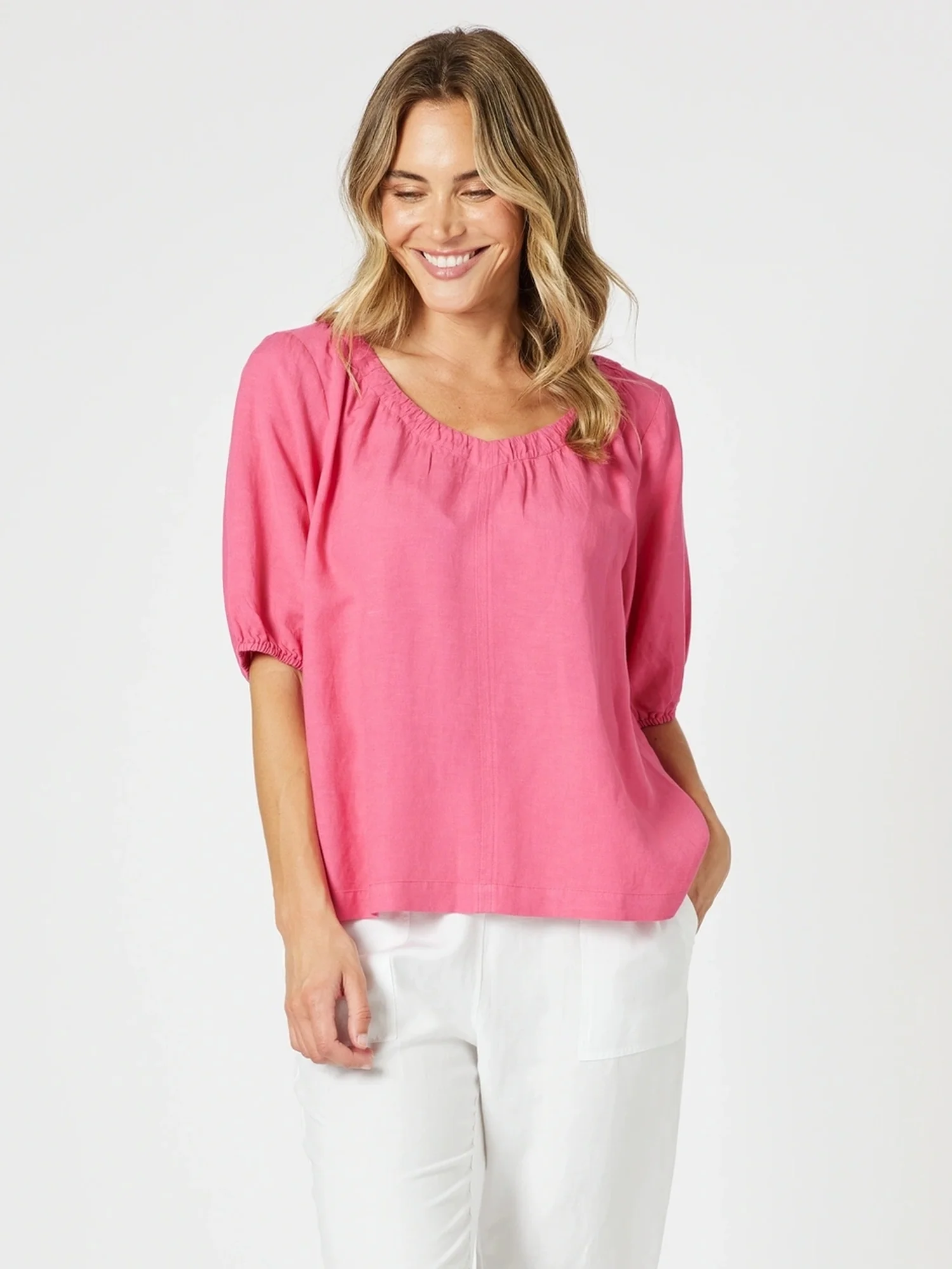 Lino V Neck Top - Peony