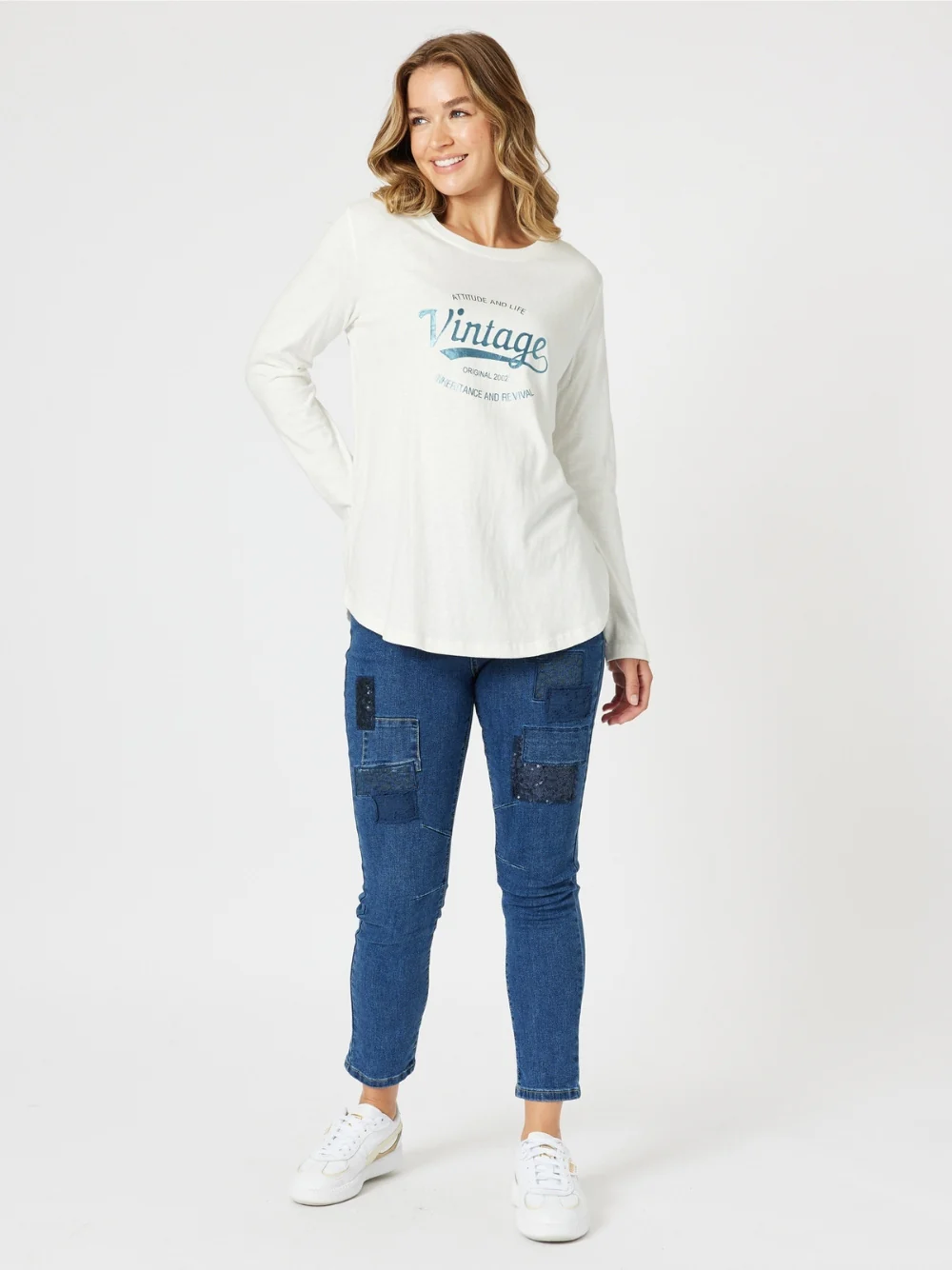 Vintage Long Sleeve Print Tee - White/Denim