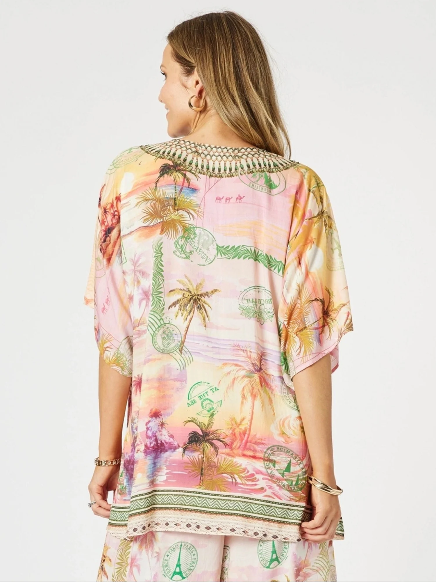 Passport Print V Neck Top - Sunset Multi