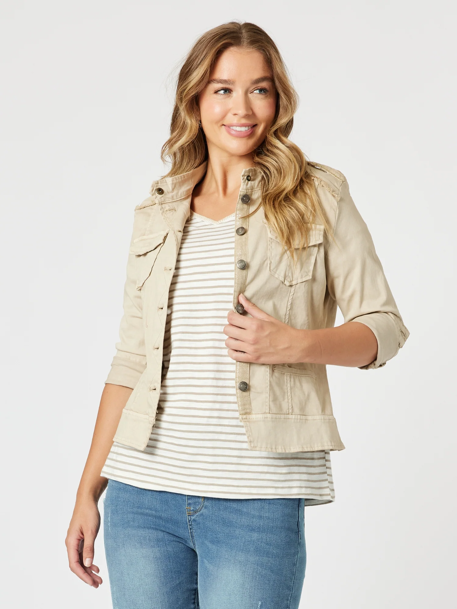 Military Style Denim Jacket - Natural