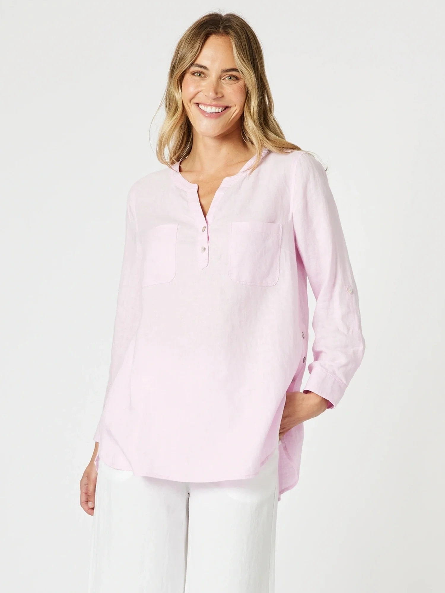 Ava Button Detail Linen Top - Pink