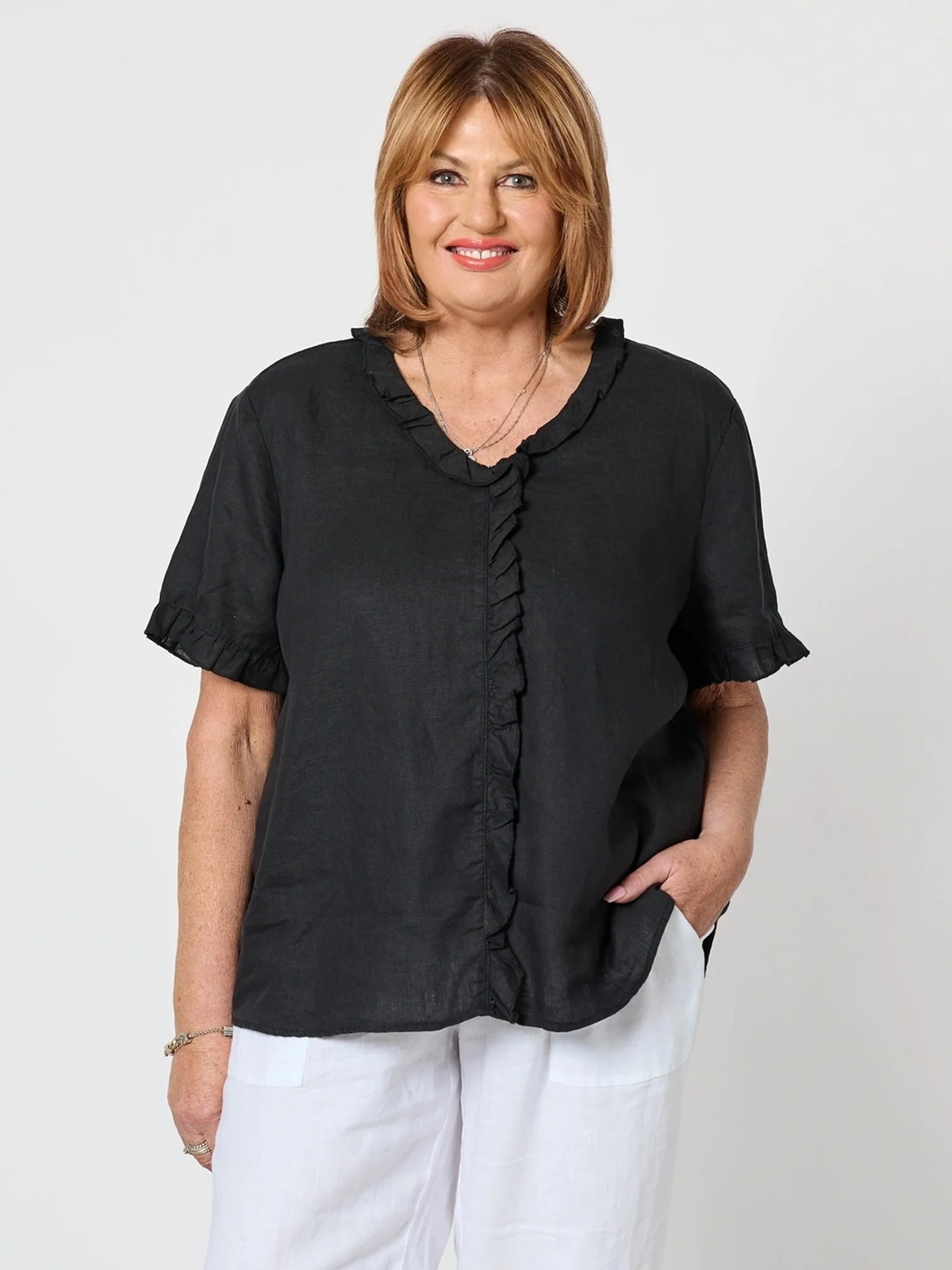Tiffany Ruffle Linen Top - Black