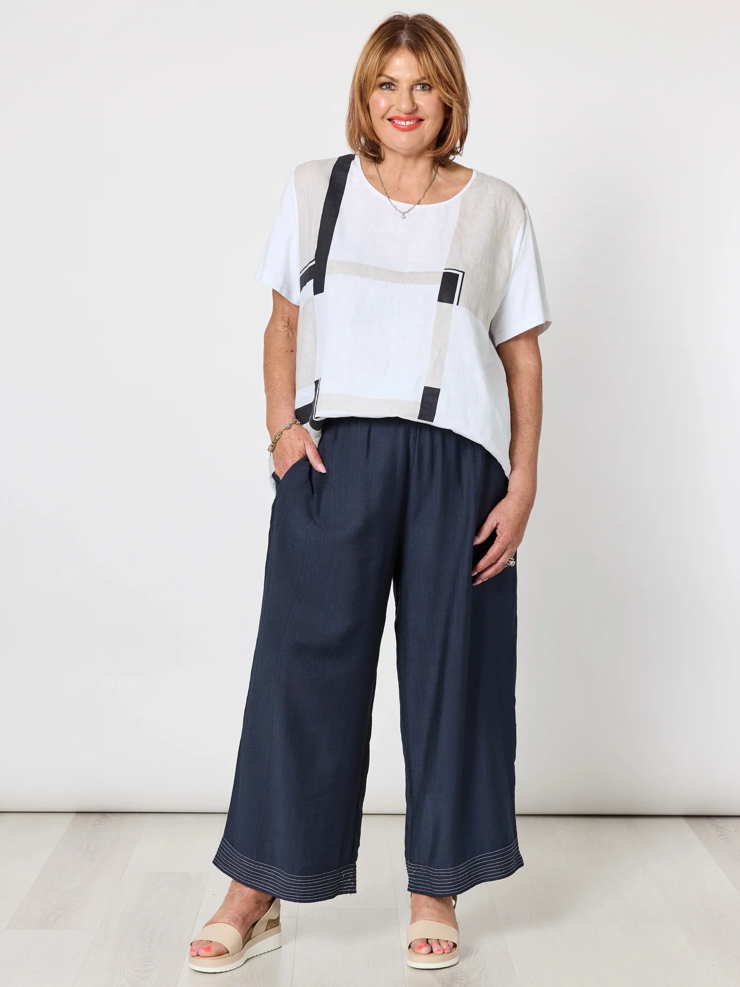 Geometric Print Top - White/Navy