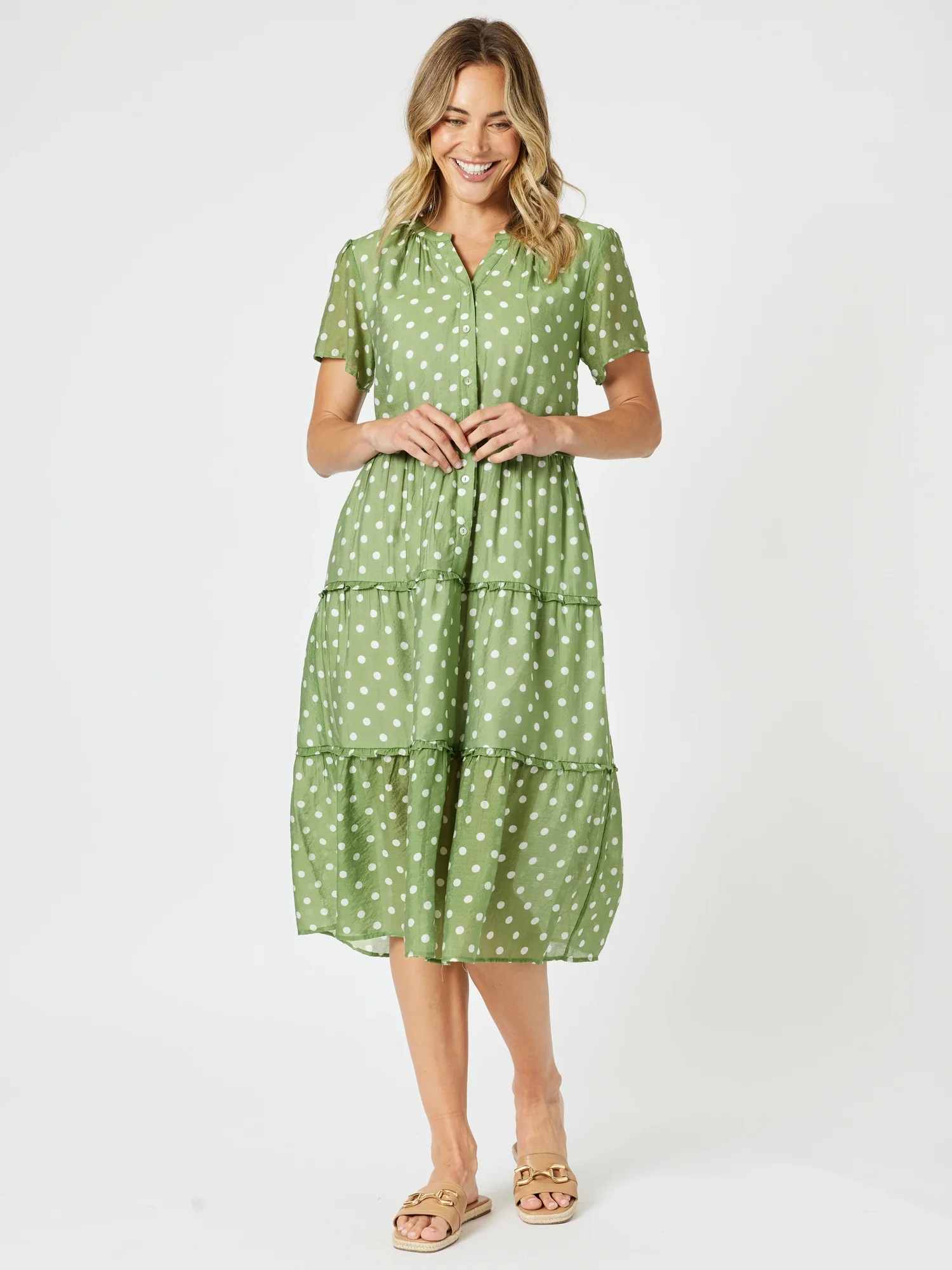 Basil Spot Print Dress - Basil/White