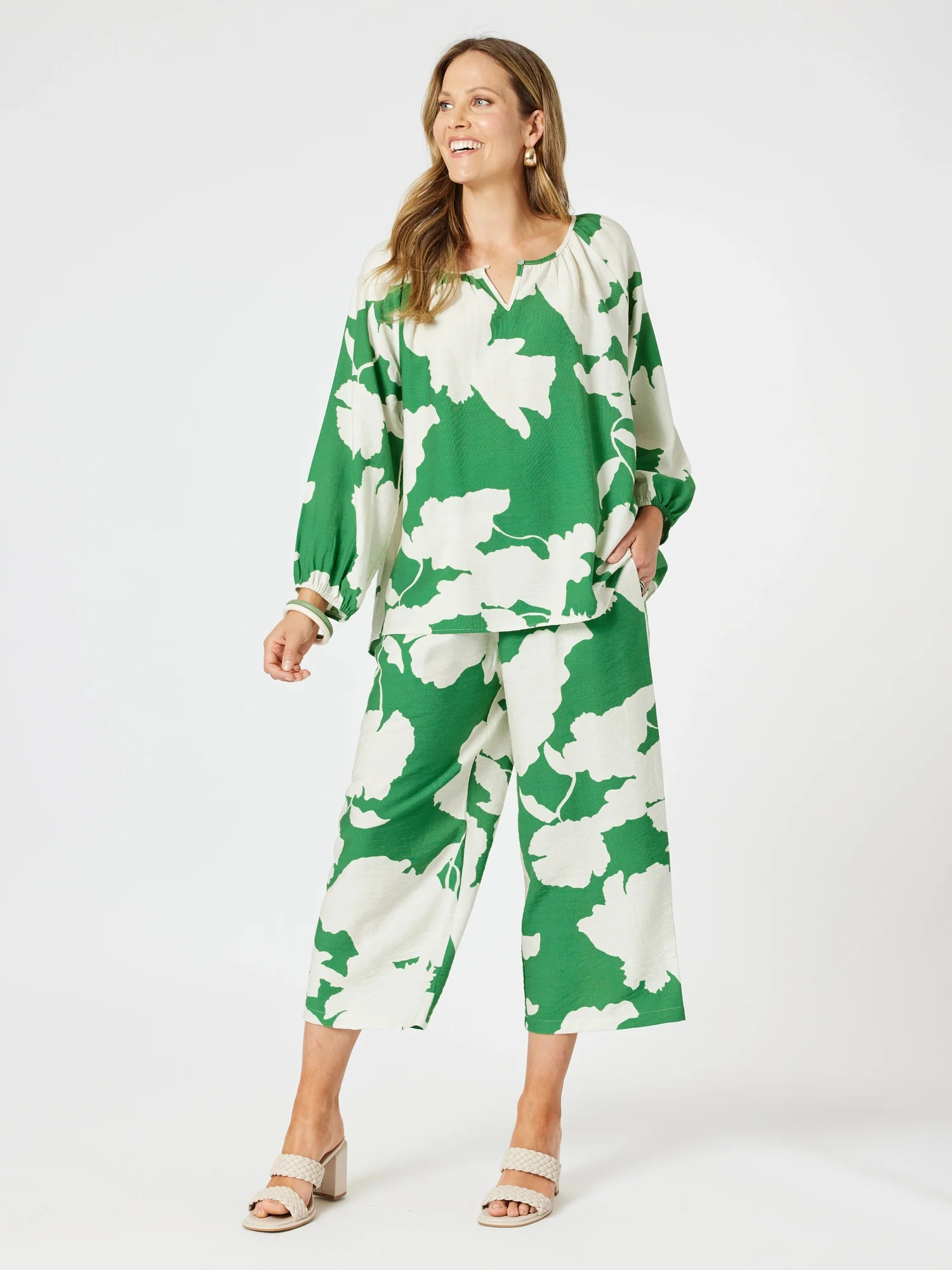 Barcelona Floral Print Wide Leg Pant - Elm Natural