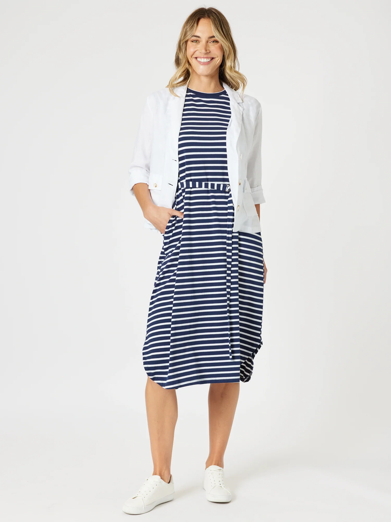 Nautical Stripe Print Dress - Navy/White