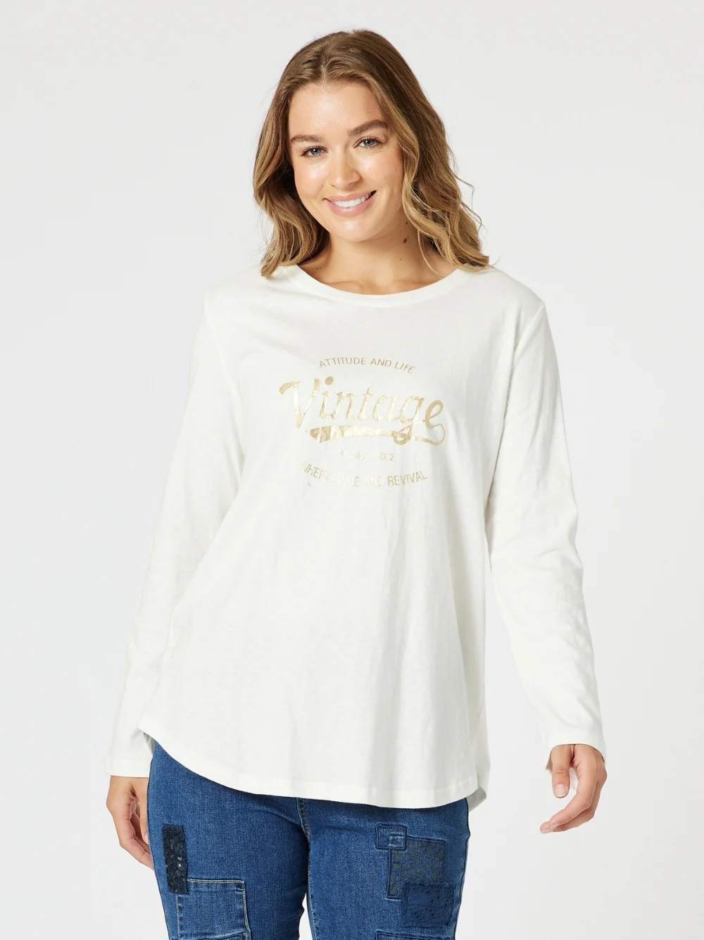 Vintage Long Sleeve Print Tee - White/Gold