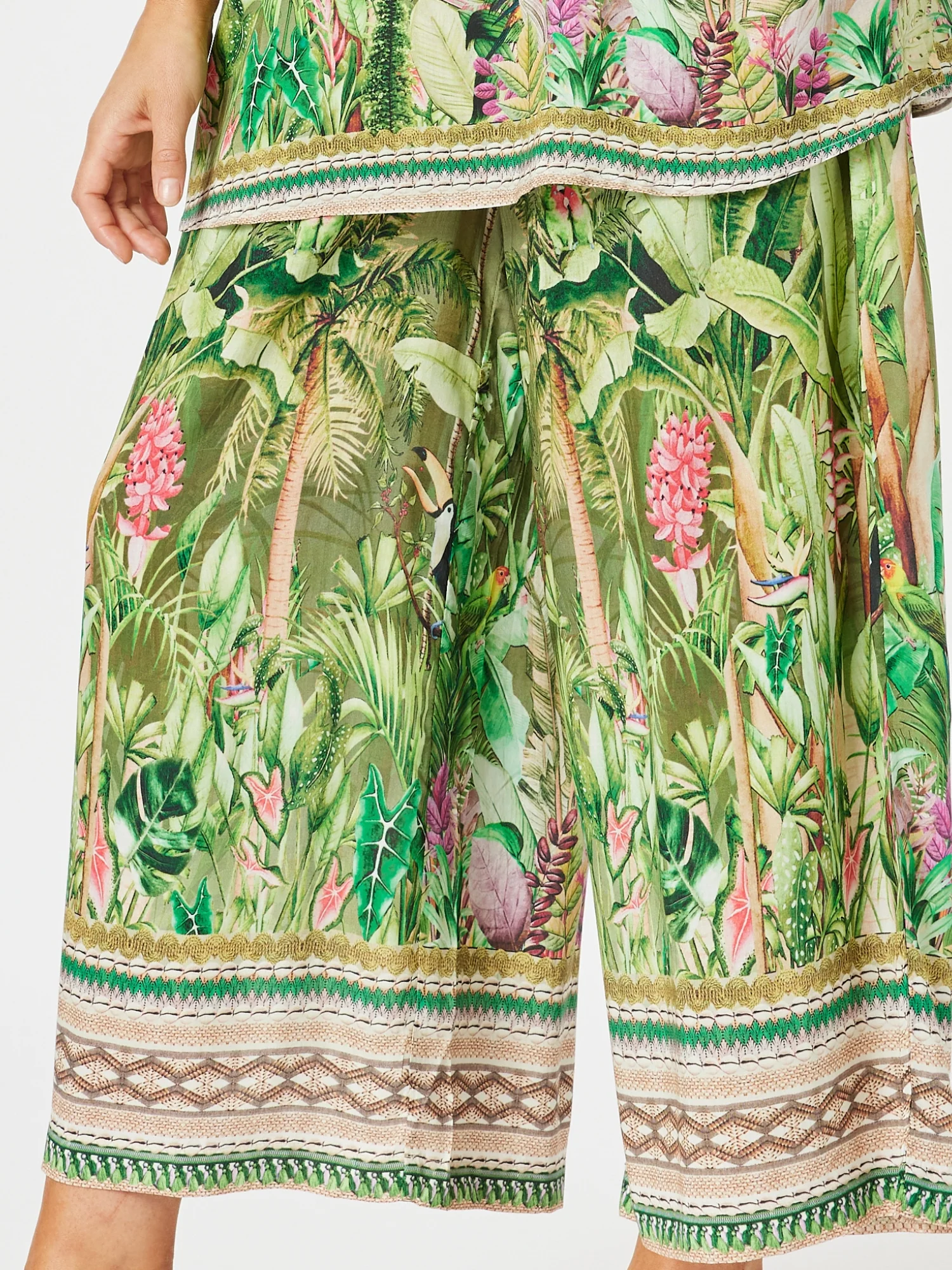 Toucan Print Wide Leg Pant - Green