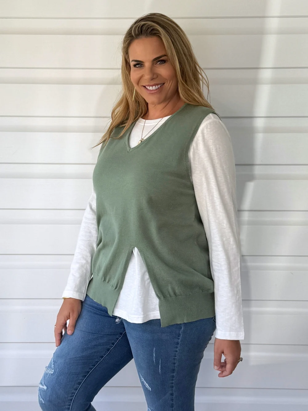 Vicky Side Split Knit Vest - Khaki