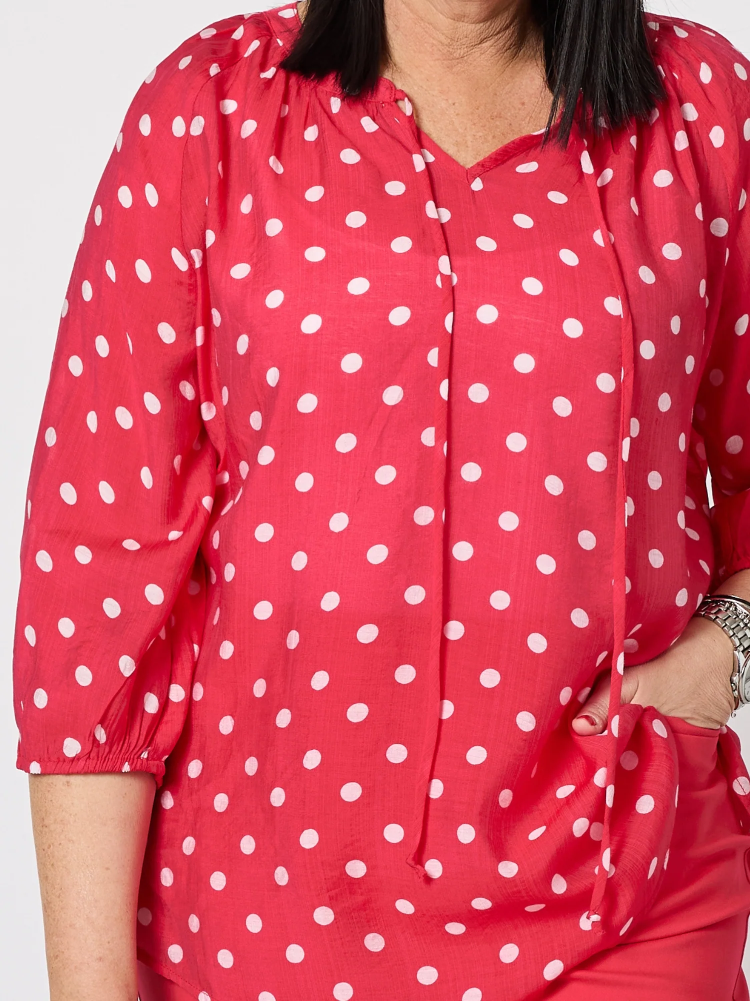 French Rose Spot Print Sheer Blouse - Red/White