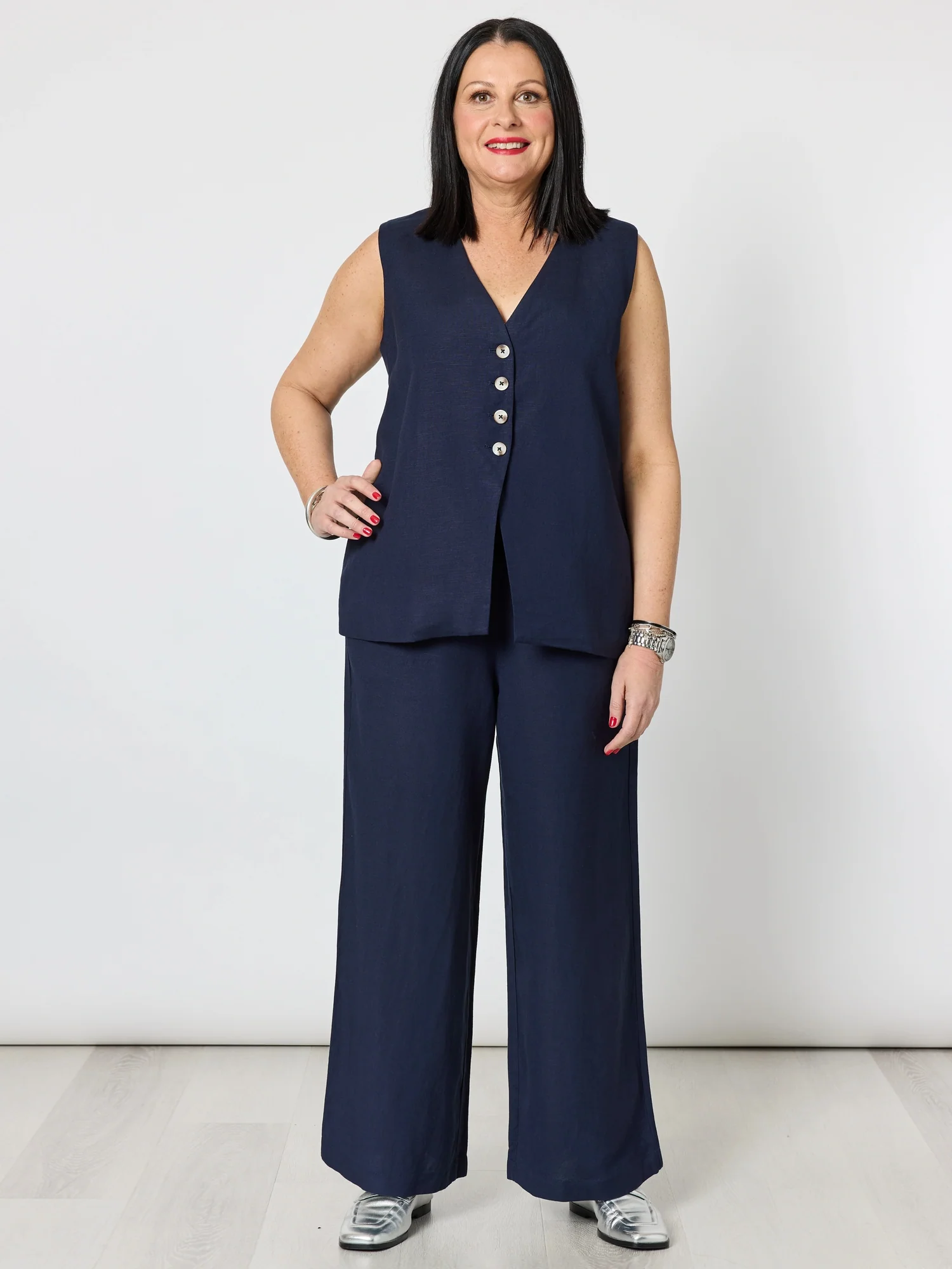 Lino Long Vest - Navy