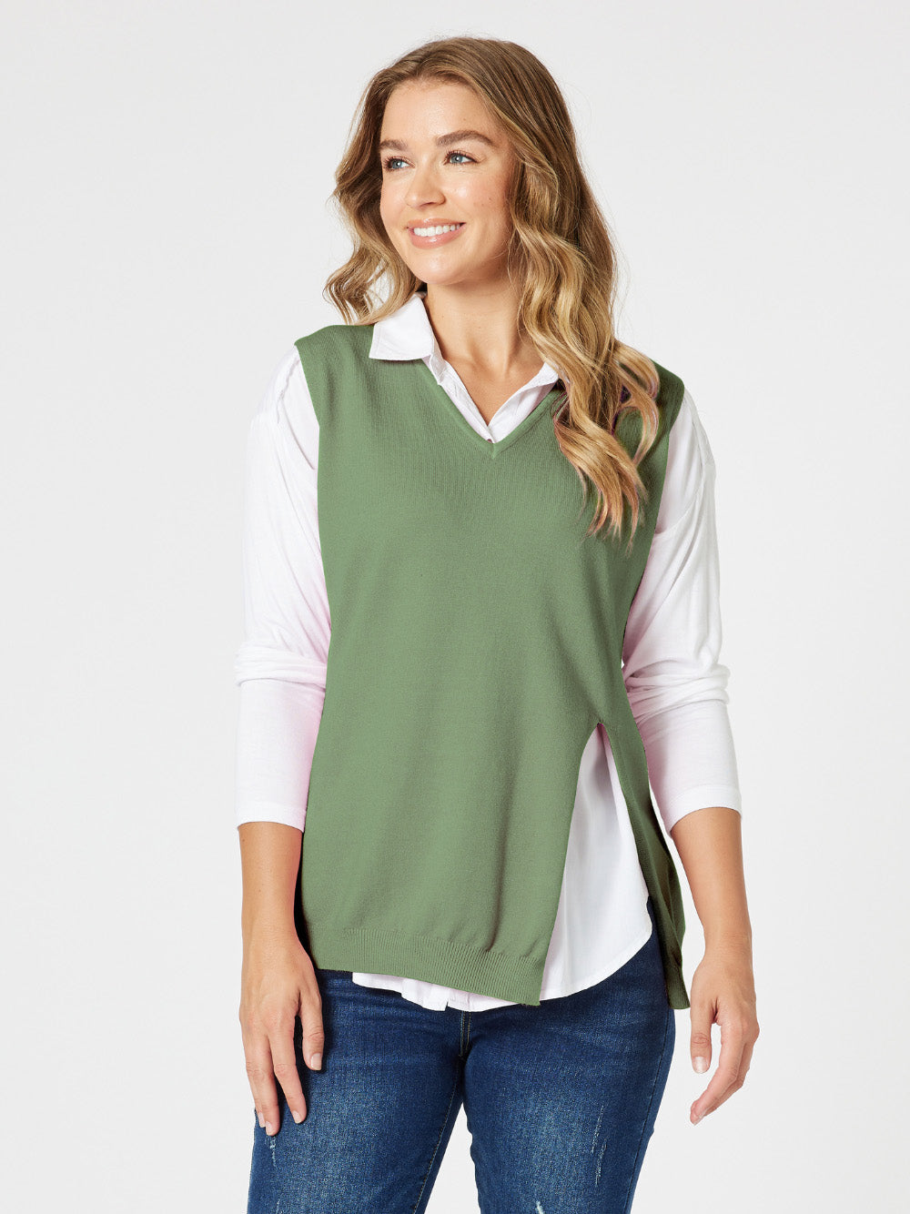 Vicky Side Split Knit Vest - Khaki