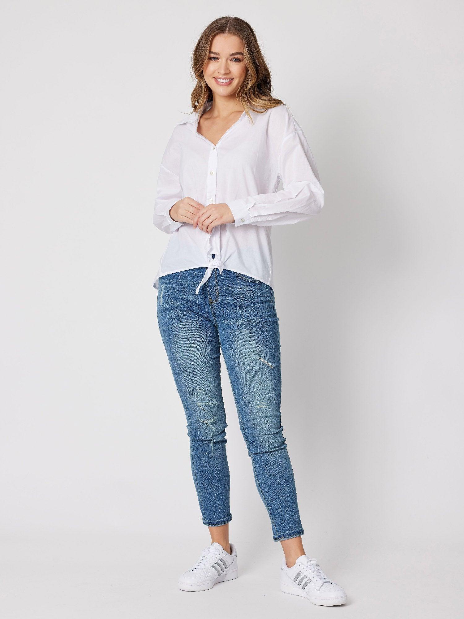 Tie Front Poplin Shirt - White