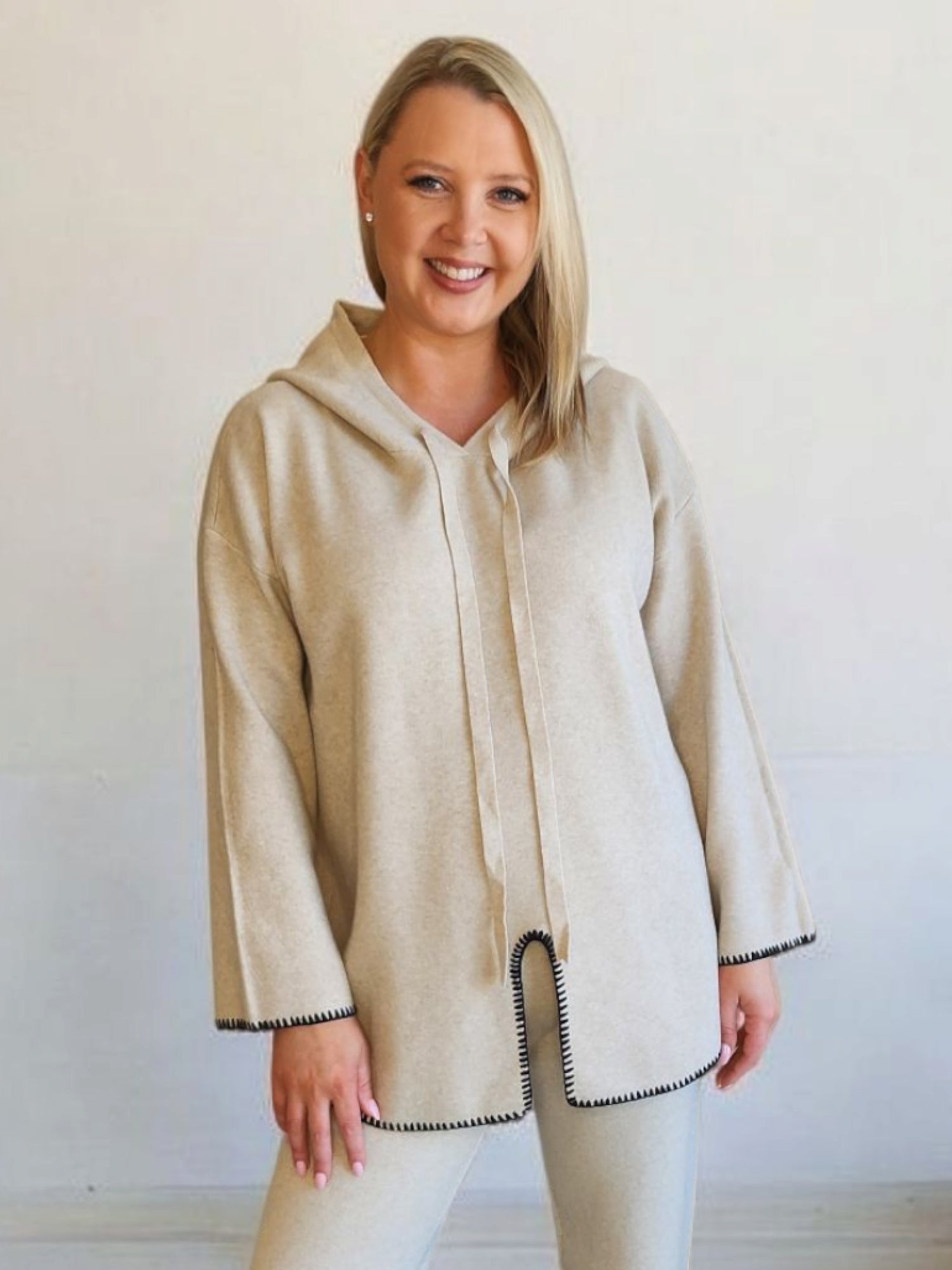 Cosy Hooded Split Front Knit - Natural