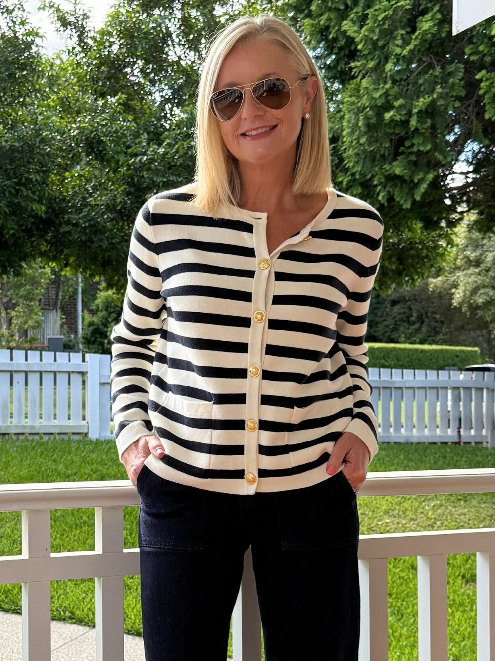 Cape Town Stripe Print Cardigan - Navy/Ivory
