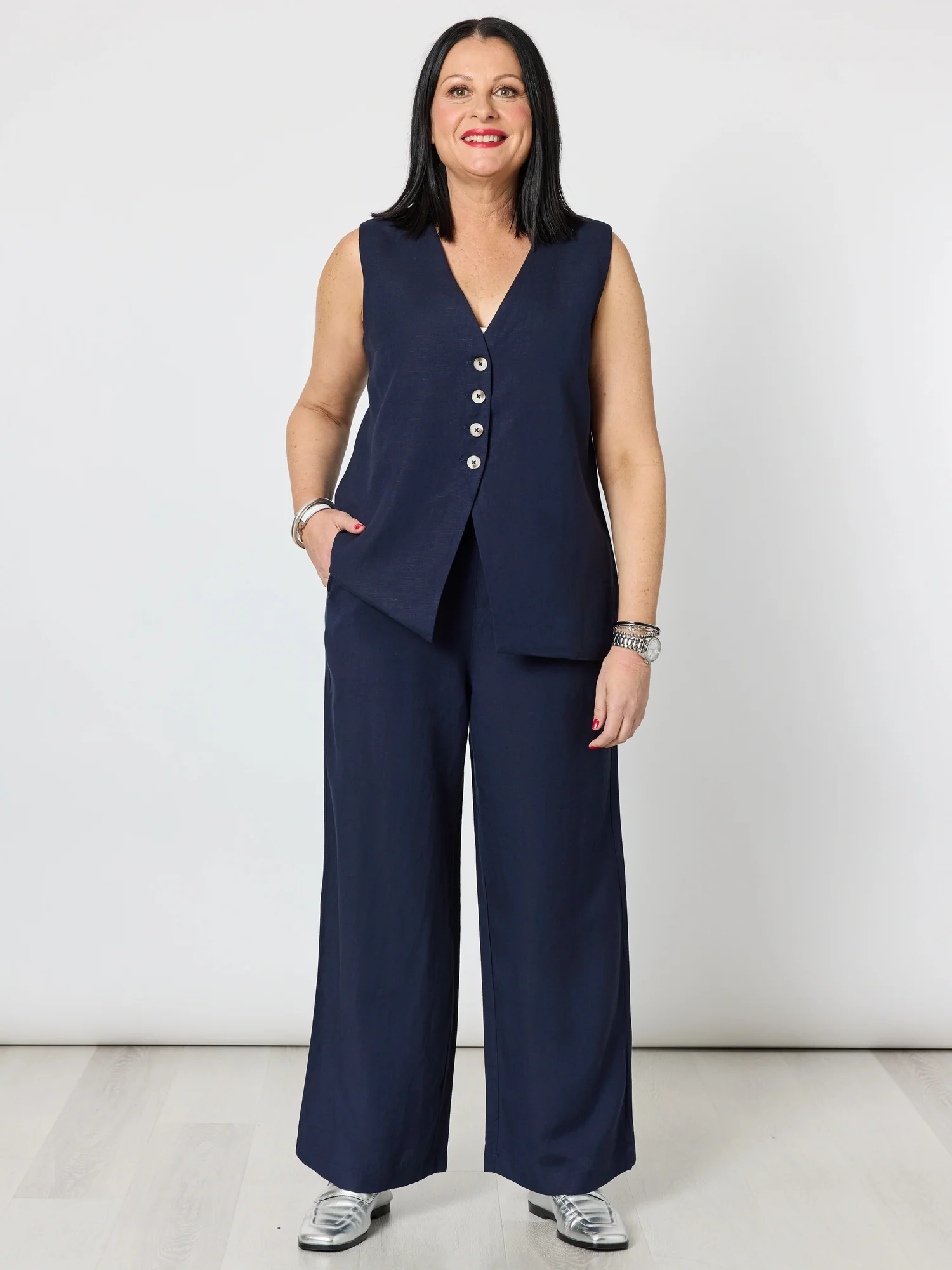 Lino Wide Leg Pant - Navy