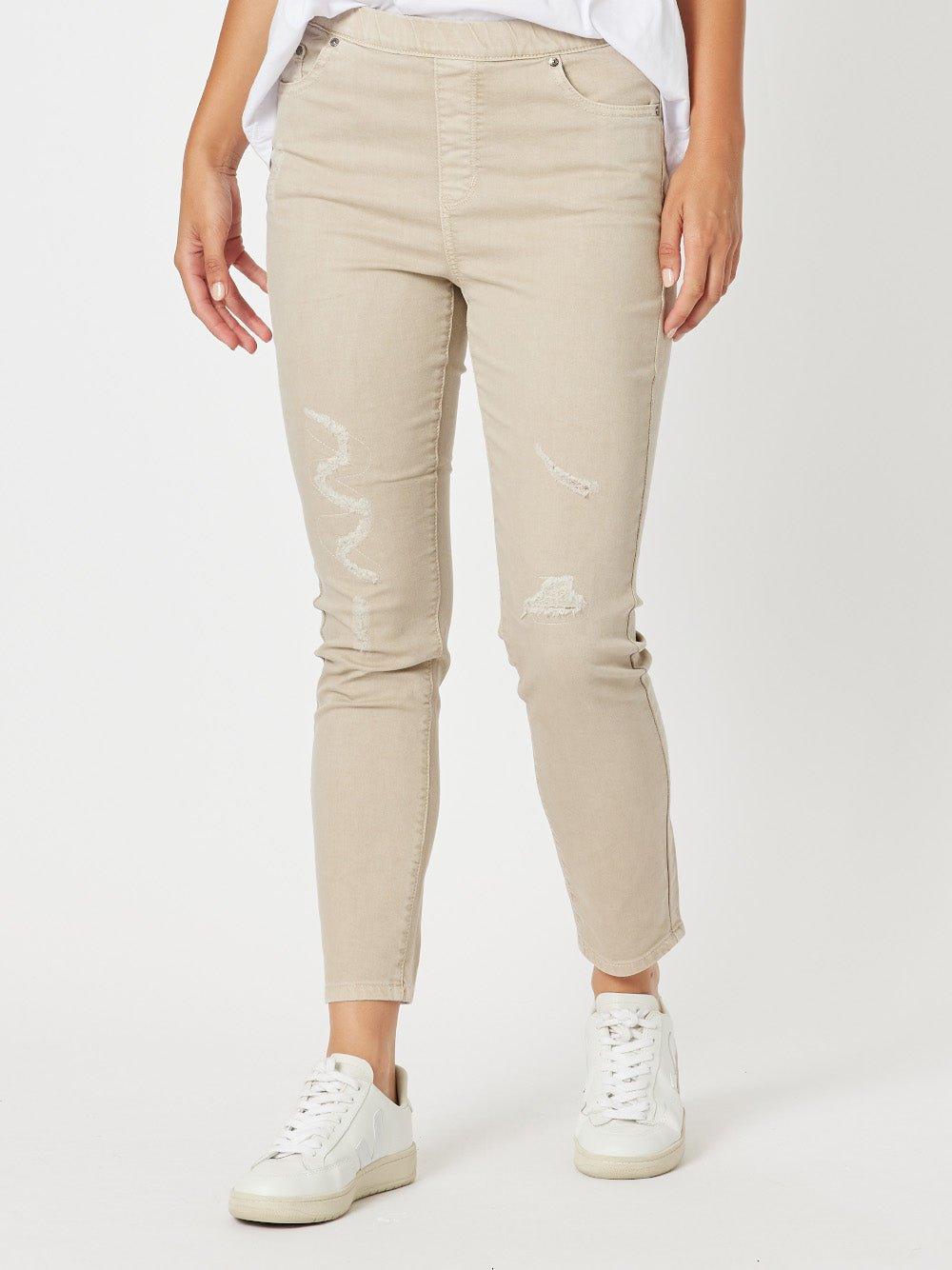 LA Distressed Pull On Stretch Denim Jean - Natural