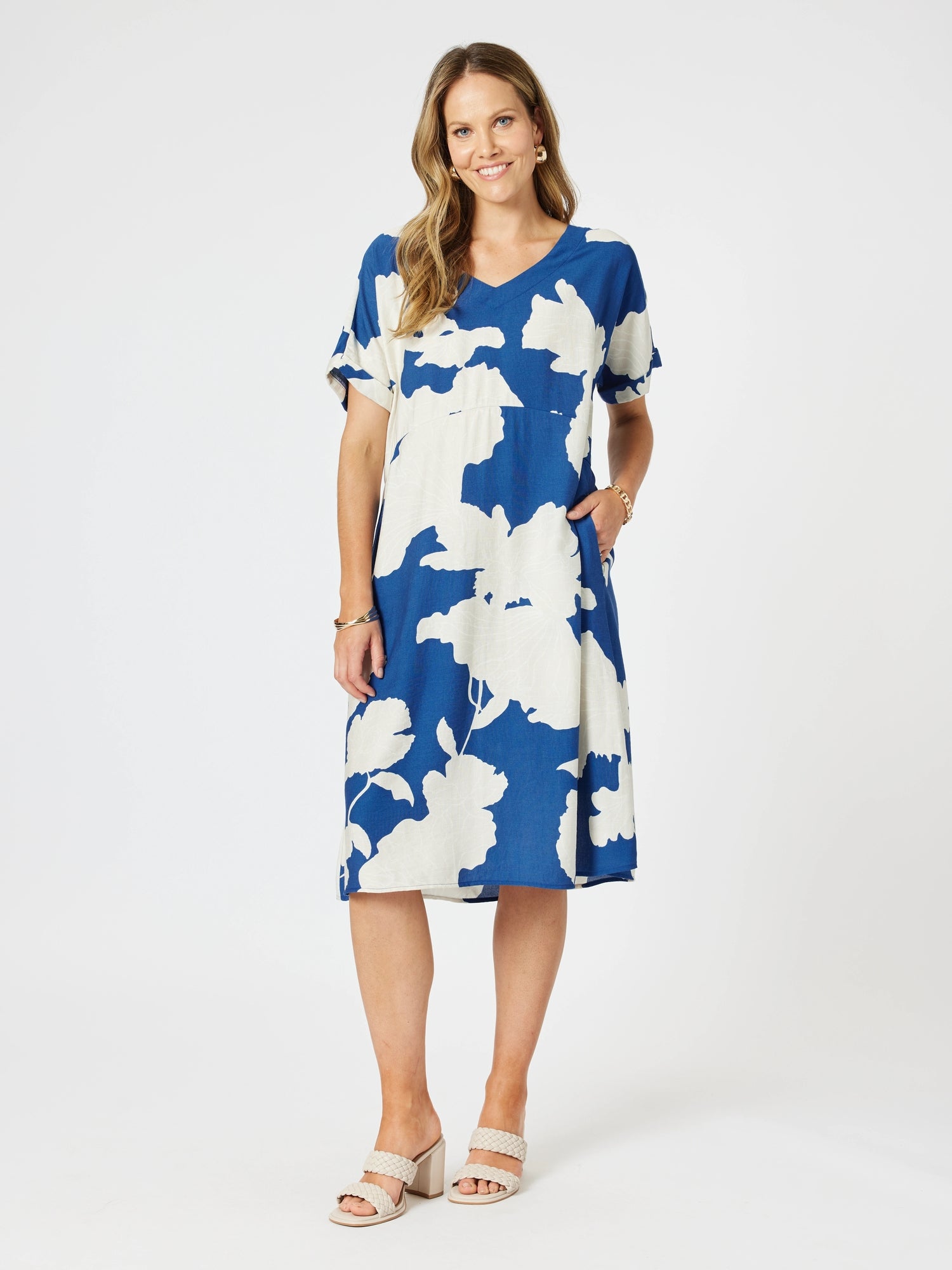 Barcelona V Neck Floral Print Dress - Blue/Natural