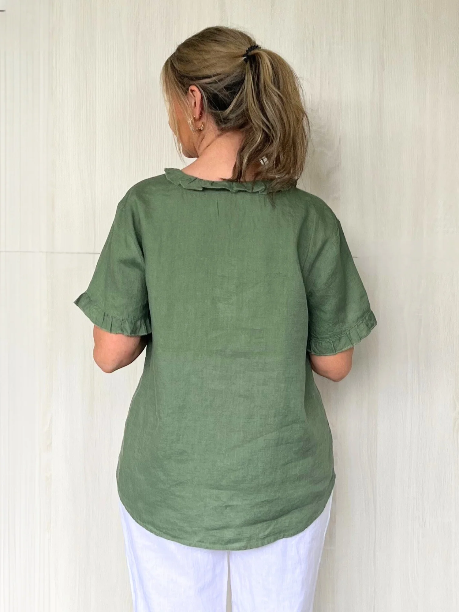 Tiffany Ruffle Linen Top - Khaki