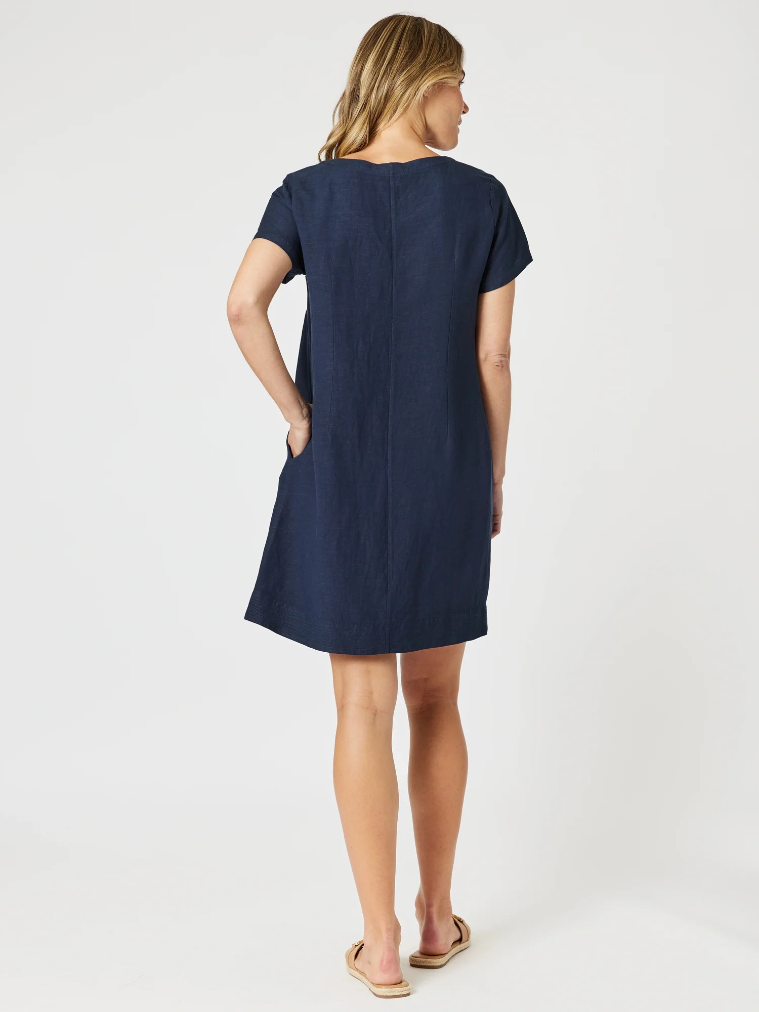 Lino Stitch Hem Detail Shift Dress - Navy