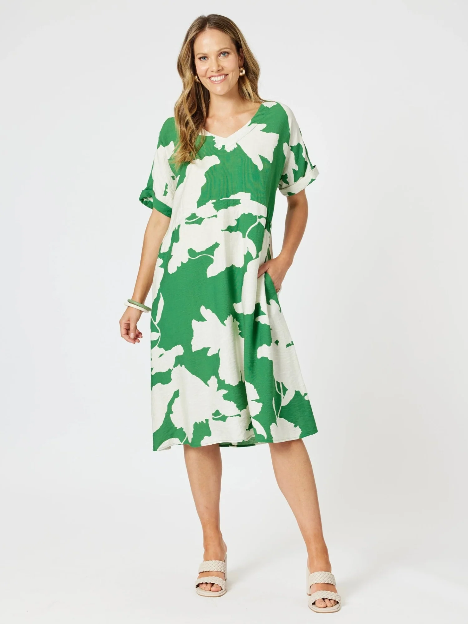 Barcelona V Neck Floral Print Dress - Elm Natural