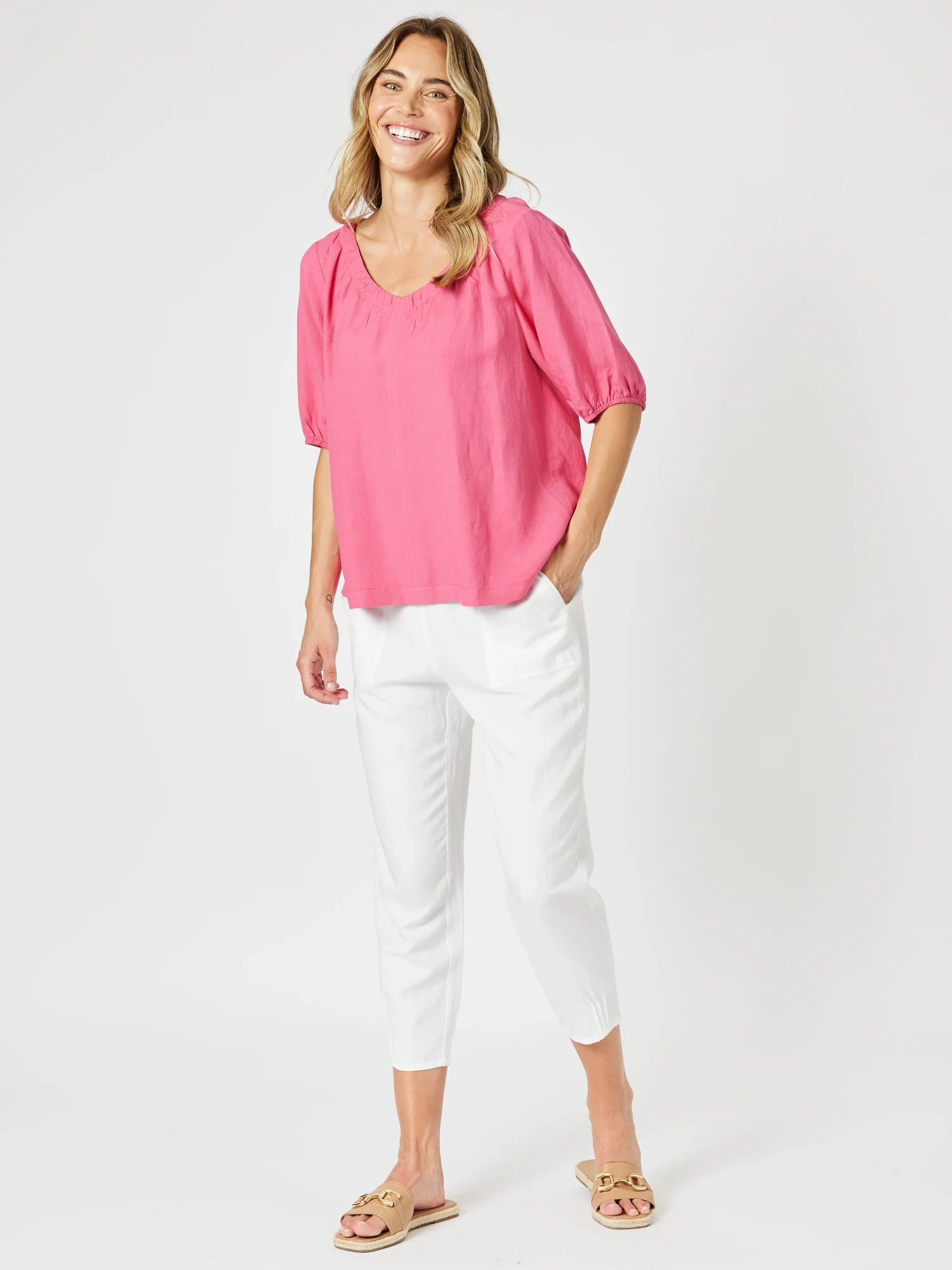 Lino V Neck Top - Peony